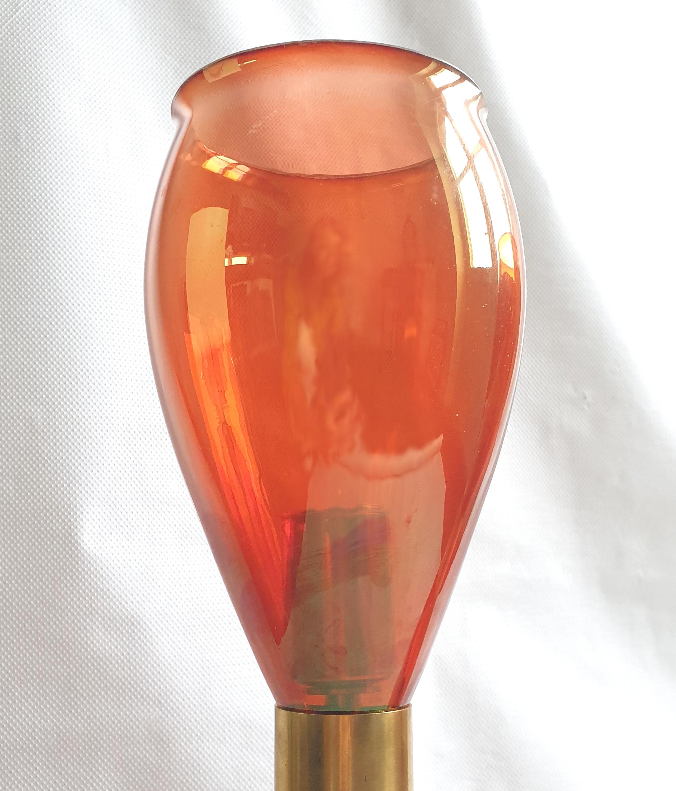 Pair Mid-Century Modern Orange Murano Glass & Brass Lamps Seguso Styl Italy 1970 In Excellent Condition In Dallas, TX