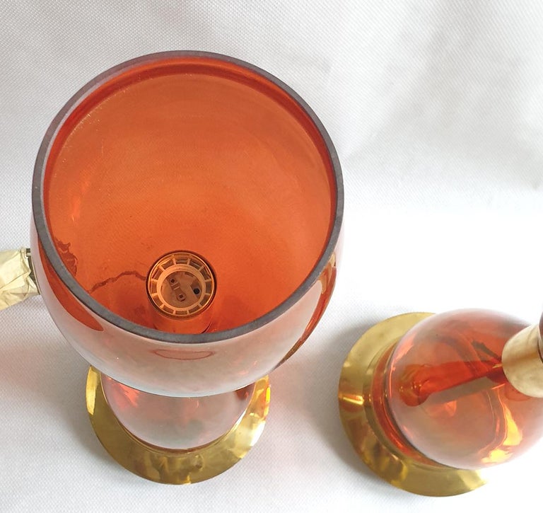 Late 20th Century Pair Mid-Century Modern Orange Murano Glass & Brass Lamps Seguso Styl Italy 1970 For Sale
