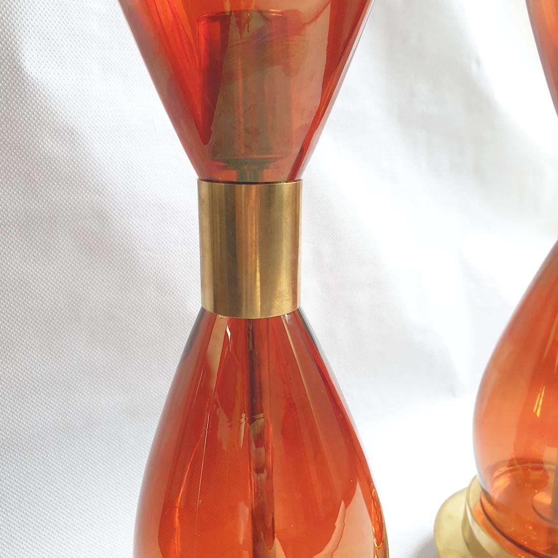 Pair Mid-Century Modern Orange Murano Glass & Brass Lamps Seguso Styl Italy 1970 1