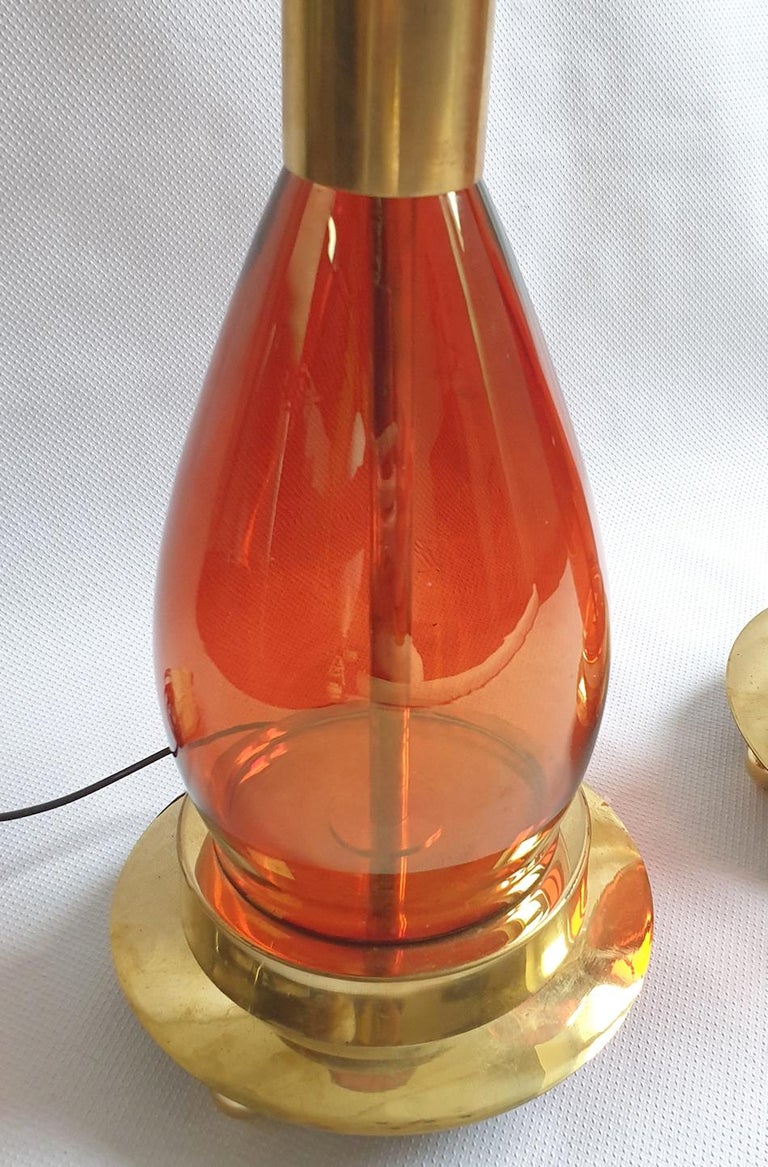 Pair Mid-Century Modern Orange Murano Glass & Brass Lamps Seguso Styl Italy 1970 For Sale 2