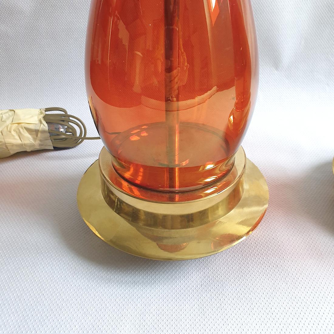 Pair Mid-Century Modern Orange Murano Glass & Brass Lamps Seguso Styl Italy 1970 3