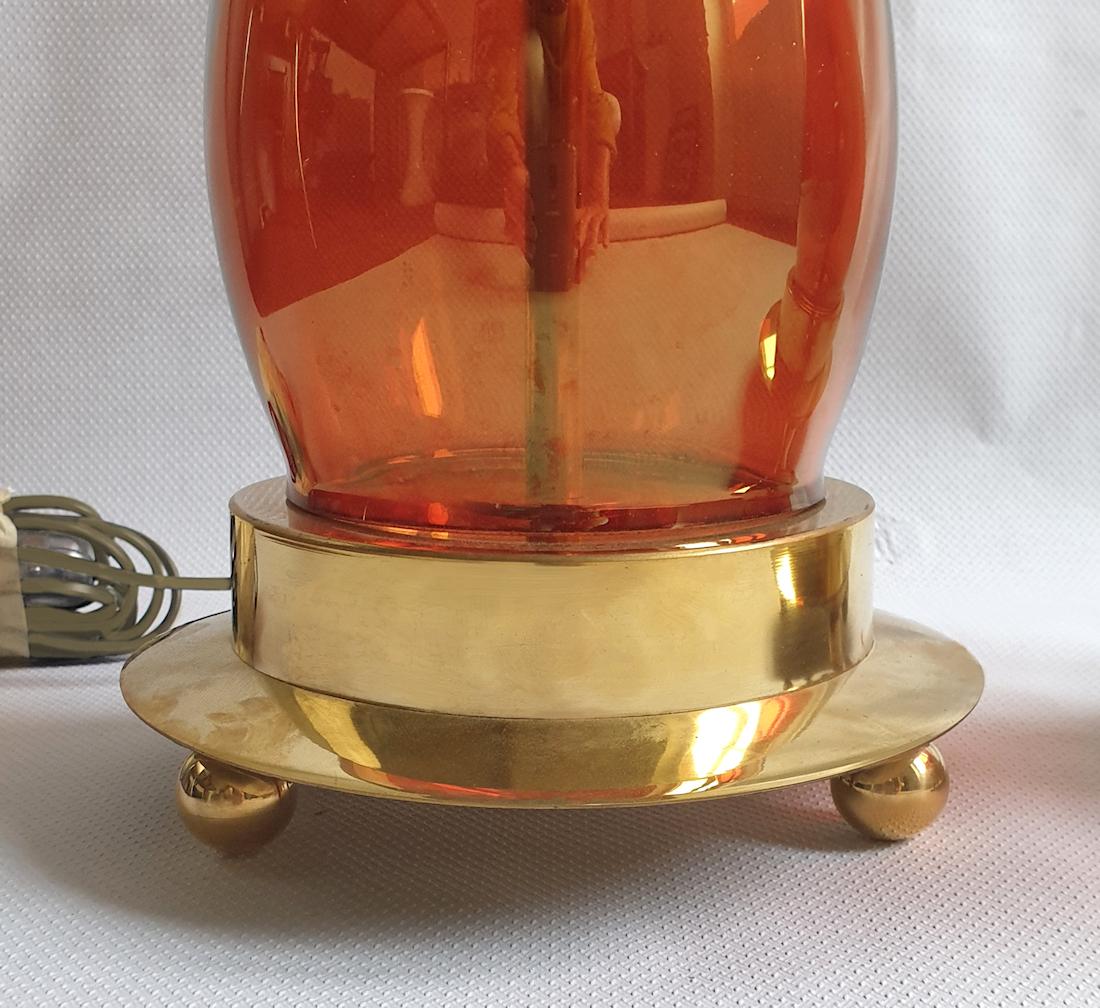 Pair Mid-Century Modern Orange Murano Glass & Brass Lamps Seguso Styl Italy 1970 4