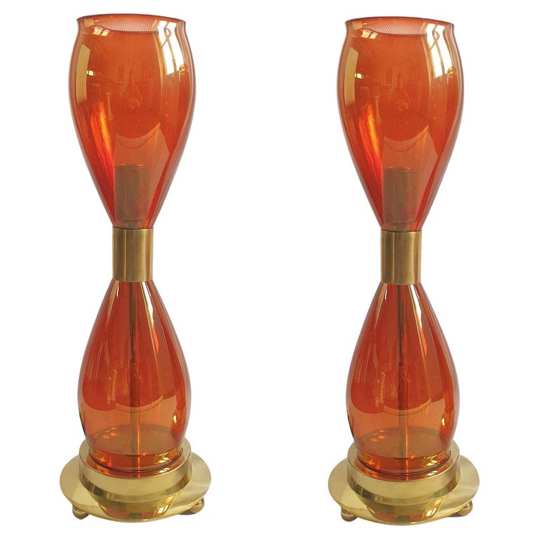 Pair Mid-Century Modern Orange Murano Glass & Brass Lamps Seguso Styl Italy 1970 For Sale