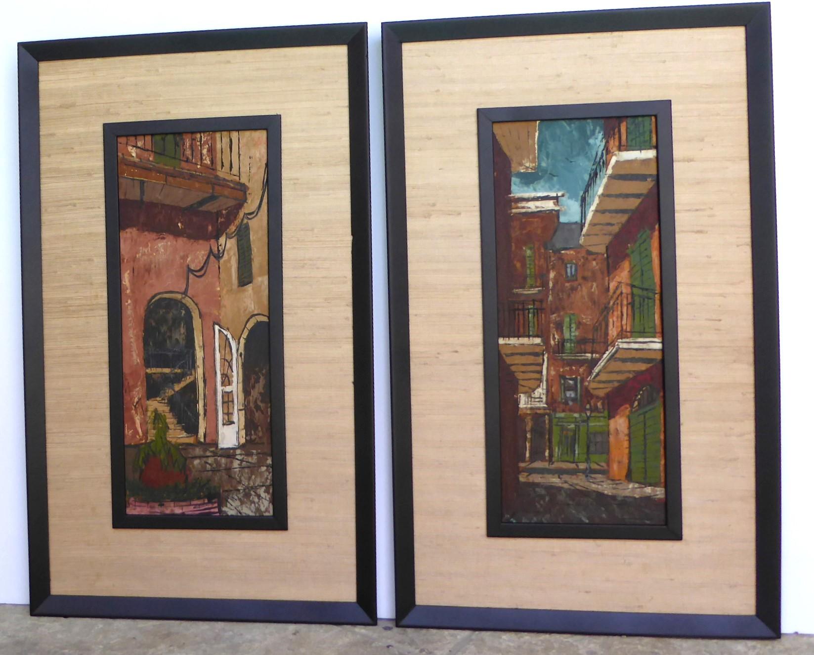 Great Mid Century Modern Pair of oil paintings on board of New Orleans sights by McBean from 1960.  Long and narrow frames which would fit anywhere in you home. The frames have been refurbished with new grasscloth covered mats and the wood frames