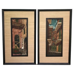 Retro Pair Mid Century Modern Paintings of New Orleans Oil on Board signed McBean 1960