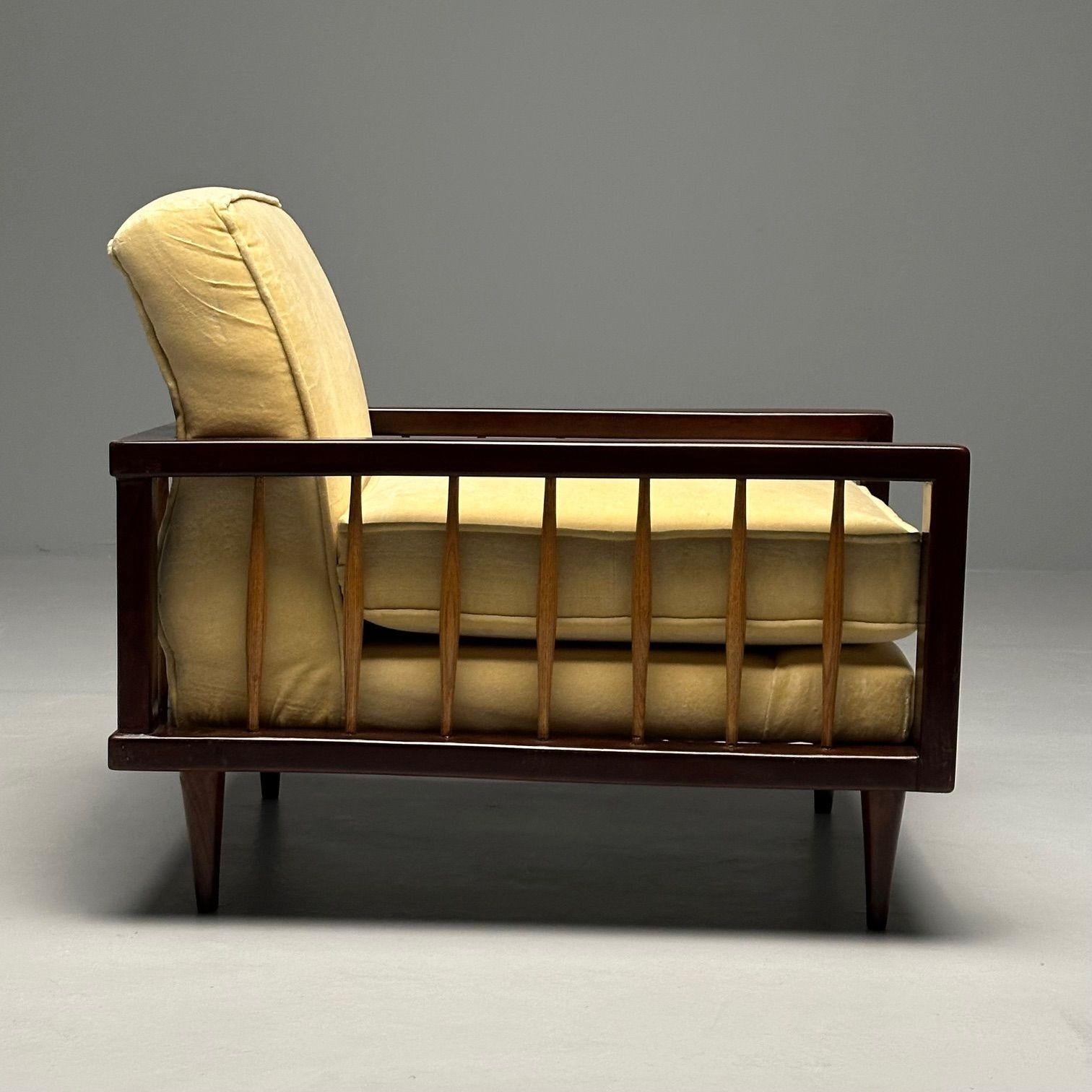 Paolo Buffa Style, Mid-Century Modern, Arm, Lounge Chairs, Mahogany, Oak, Velvet For Sale 5