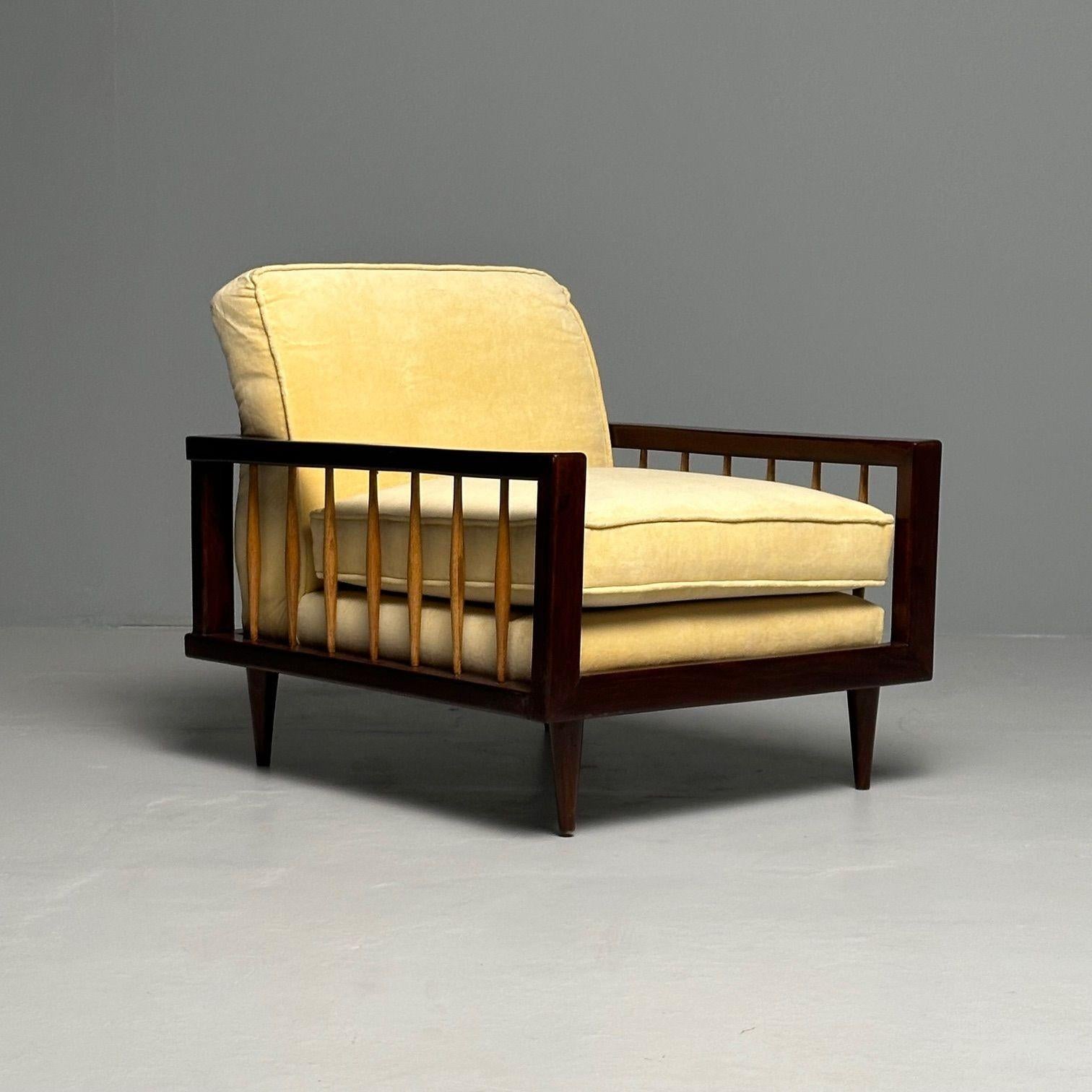 Paolo Buffa Style, Mid-Century Modern, Arm, Lounge Chairs, Mahogany, Oak, Velvet For Sale 7