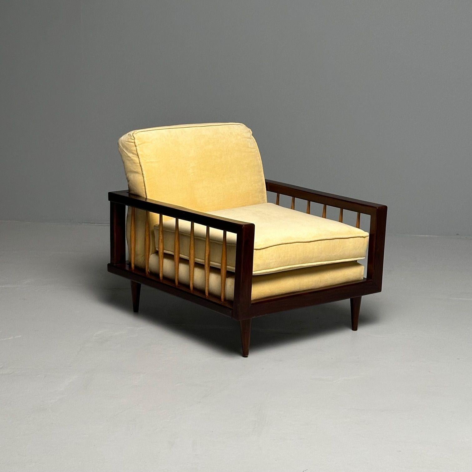 Paolo Buffa Style, Mid-Century Modern, Arm, Lounge Chairs, Mahogany, Oak, Velvet For Sale 8