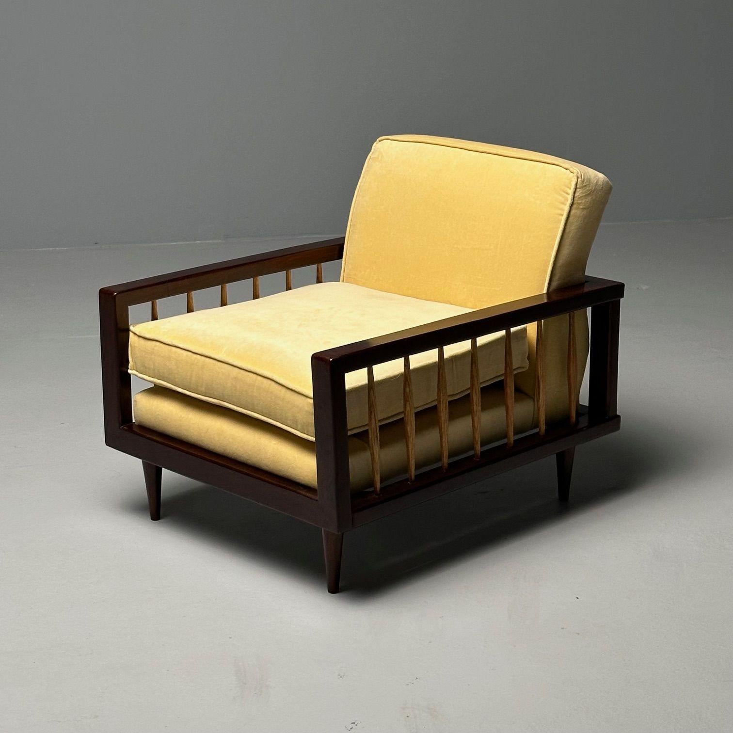 Paolo Buffa Style, Mid-Century Modern, Arm, Lounge Chairs, Mahogany, Oak, Velvet For Sale 9