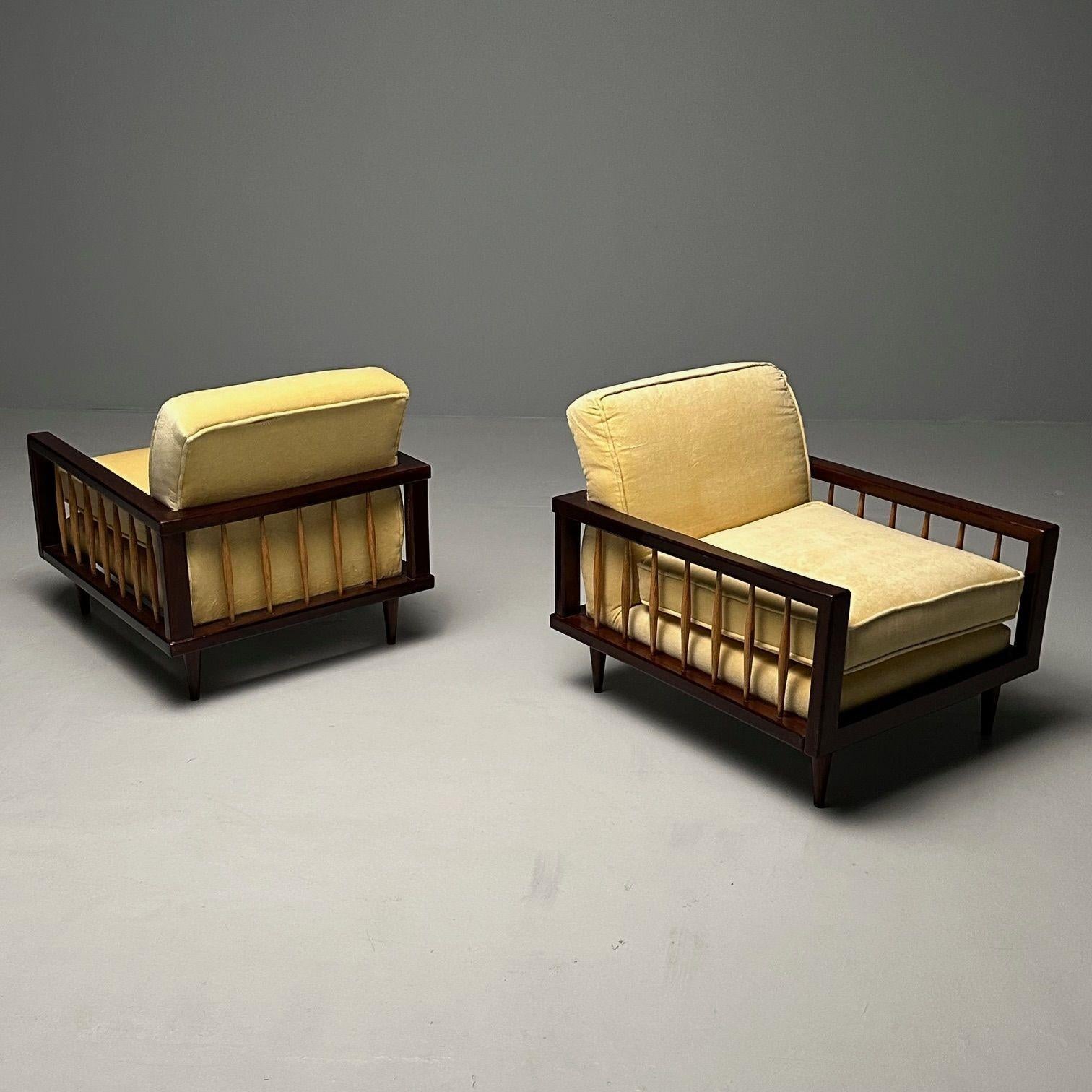 European Paolo Buffa Style, Mid-Century Modern, Arm, Lounge Chairs, Mahogany, Oak, Velvet For Sale