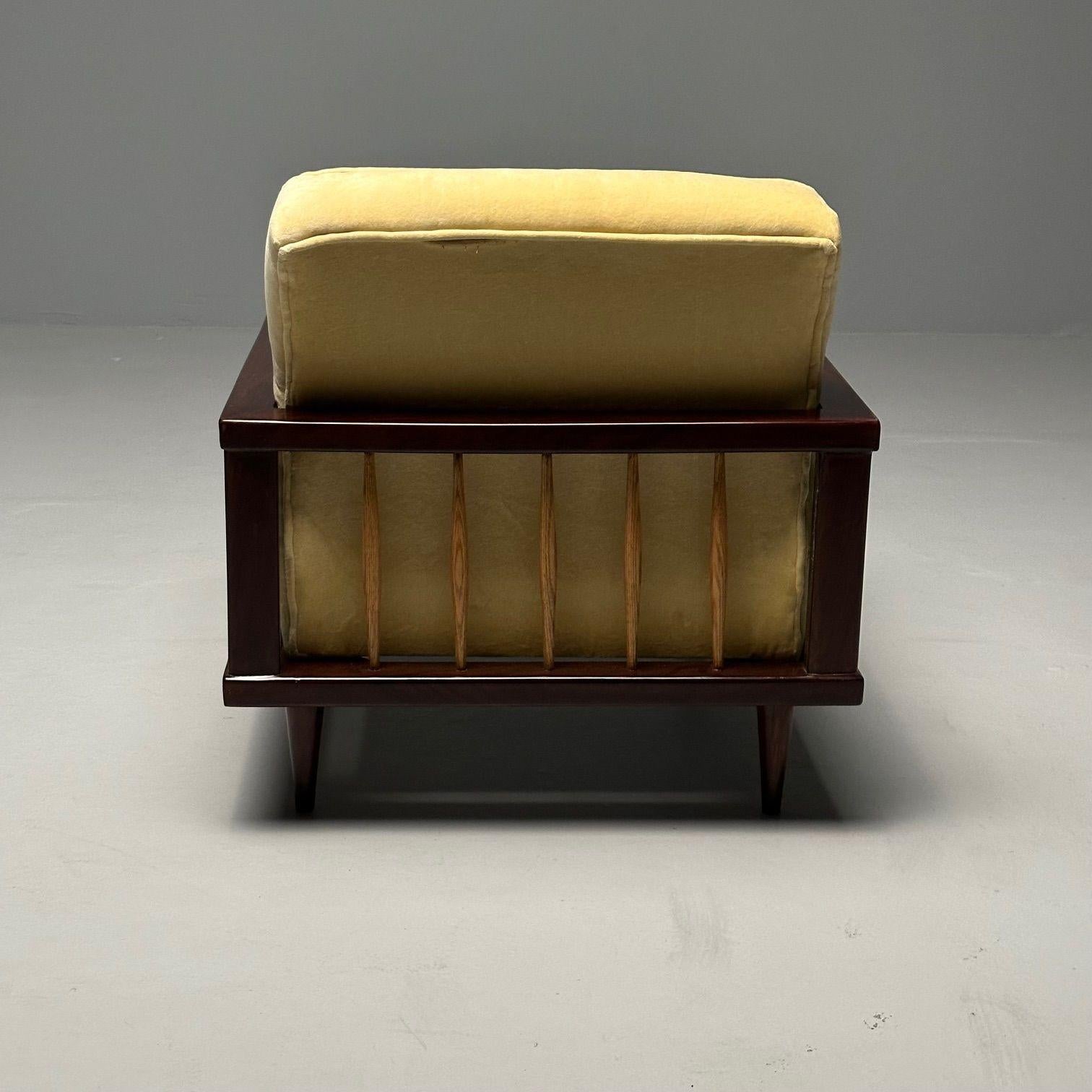 Paolo Buffa Style, Mid-Century Modern, Arm, Lounge Chairs, Mahogany, Oak, Velvet For Sale 2