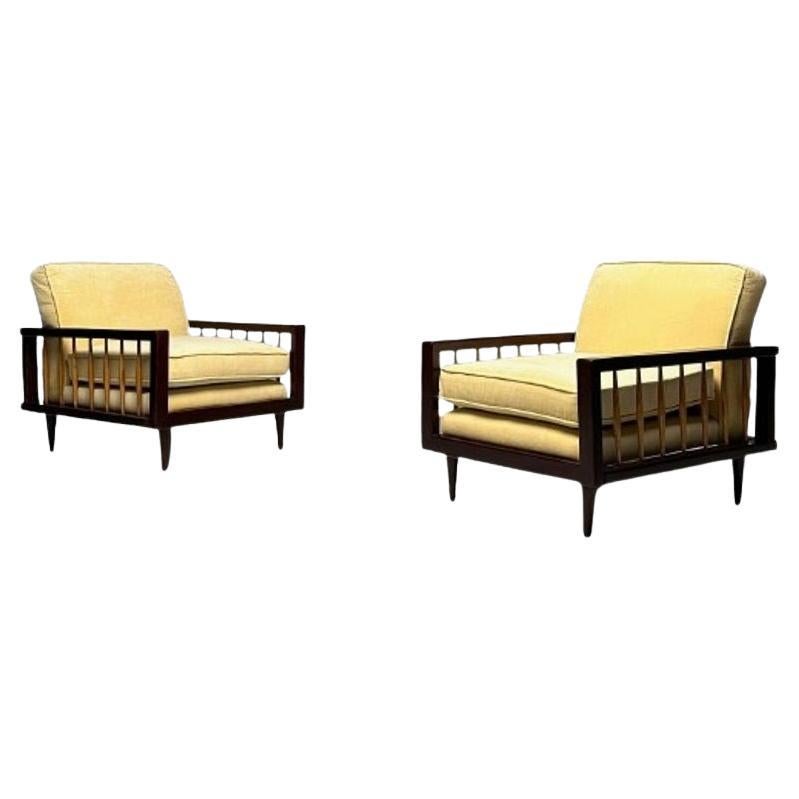 Paolo Buffa Style, Mid-Century Modern, Arm, Lounge Chairs, Mahogany, Oak, Velvet For Sale