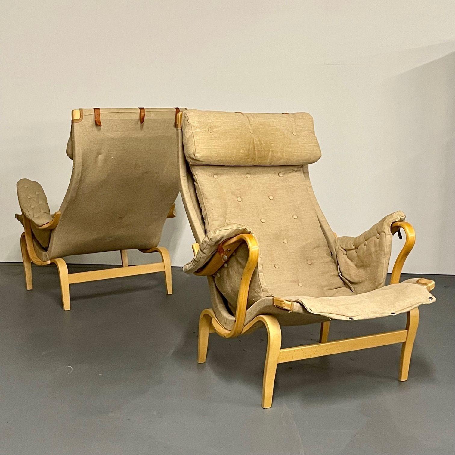 Danish Pair Mid-Century Modern Pernilla Arm / Lounge Chairs by Bruno Mathsson, Denmark