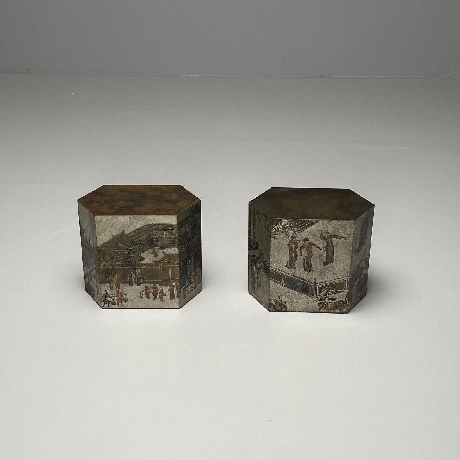 American Philip & Kelvin LaVerne Mid-Century Modern Bronze Spring Festival Side Tables