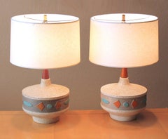 Pair! Mid Century Danish Modern Plaster Lamps Atomic UFO Blue Orange 1950s MCM