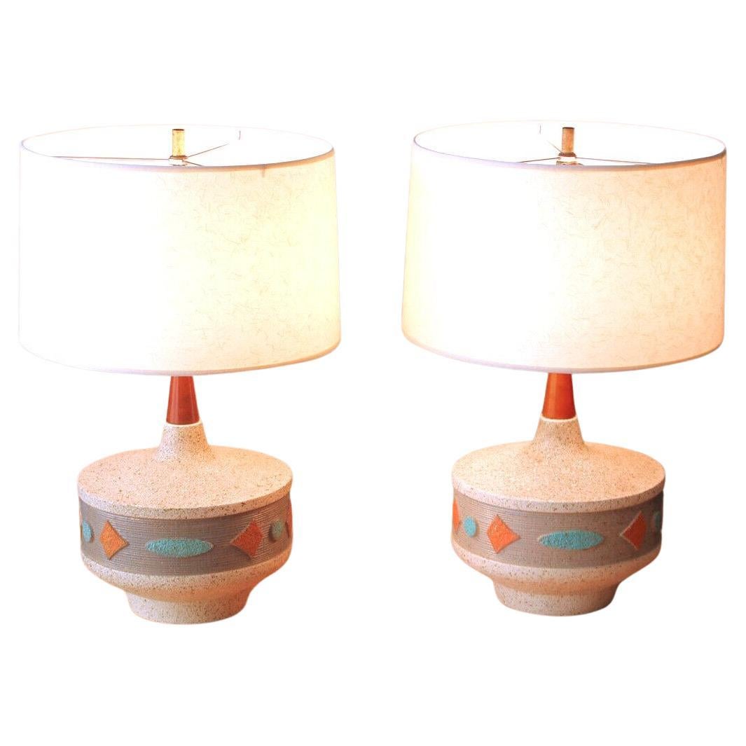 Pair! Mid Century Danish Modern Plaster Lamps Atomic UFO Blue Orange 1950s MCM For Sale