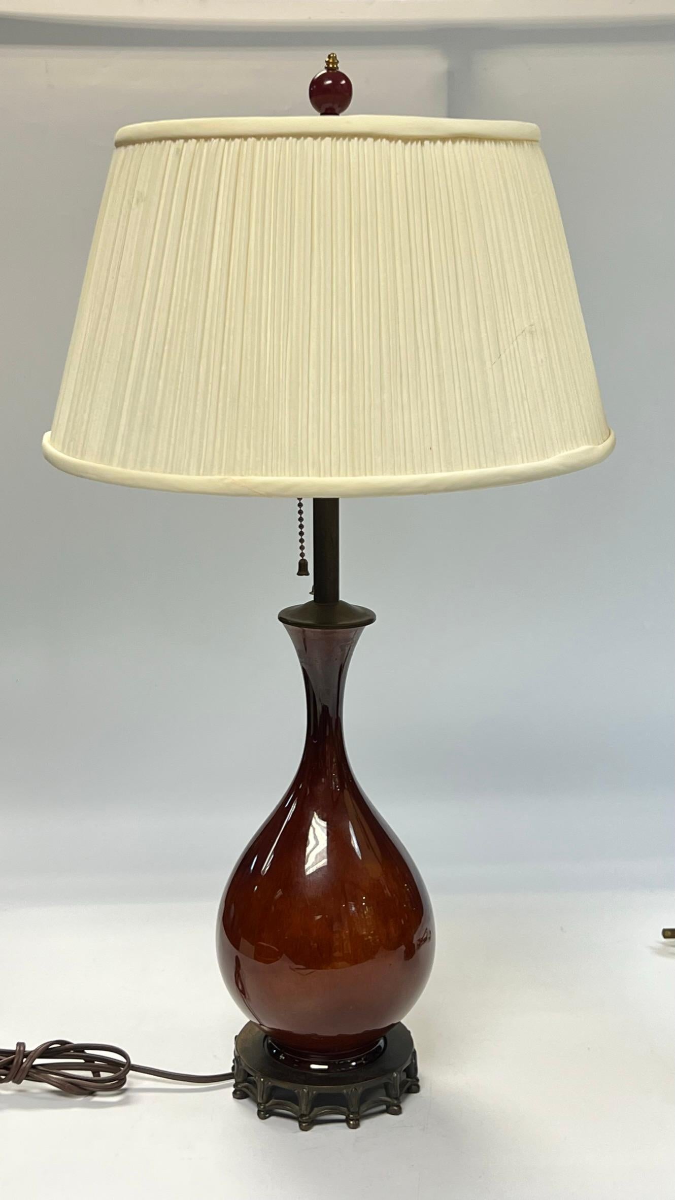 Pair Mid-Century Modern Porcelain Table Lamps with Sang de Boueuf Glaze For Sale 5