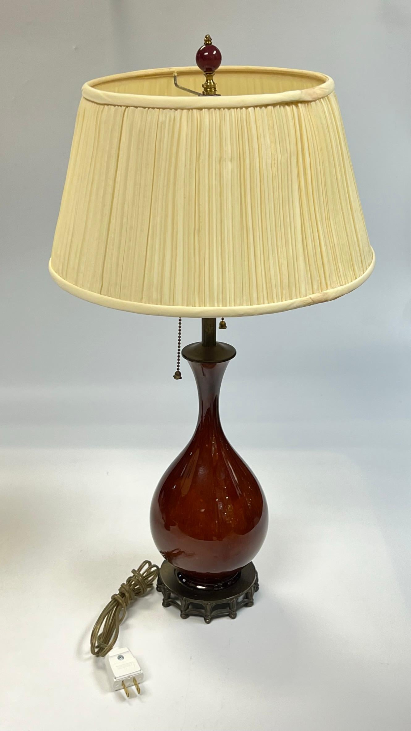 Pair Mid-Century Modern Porcelain Table Lamps with Sang de Boueuf Glaze For Sale 7