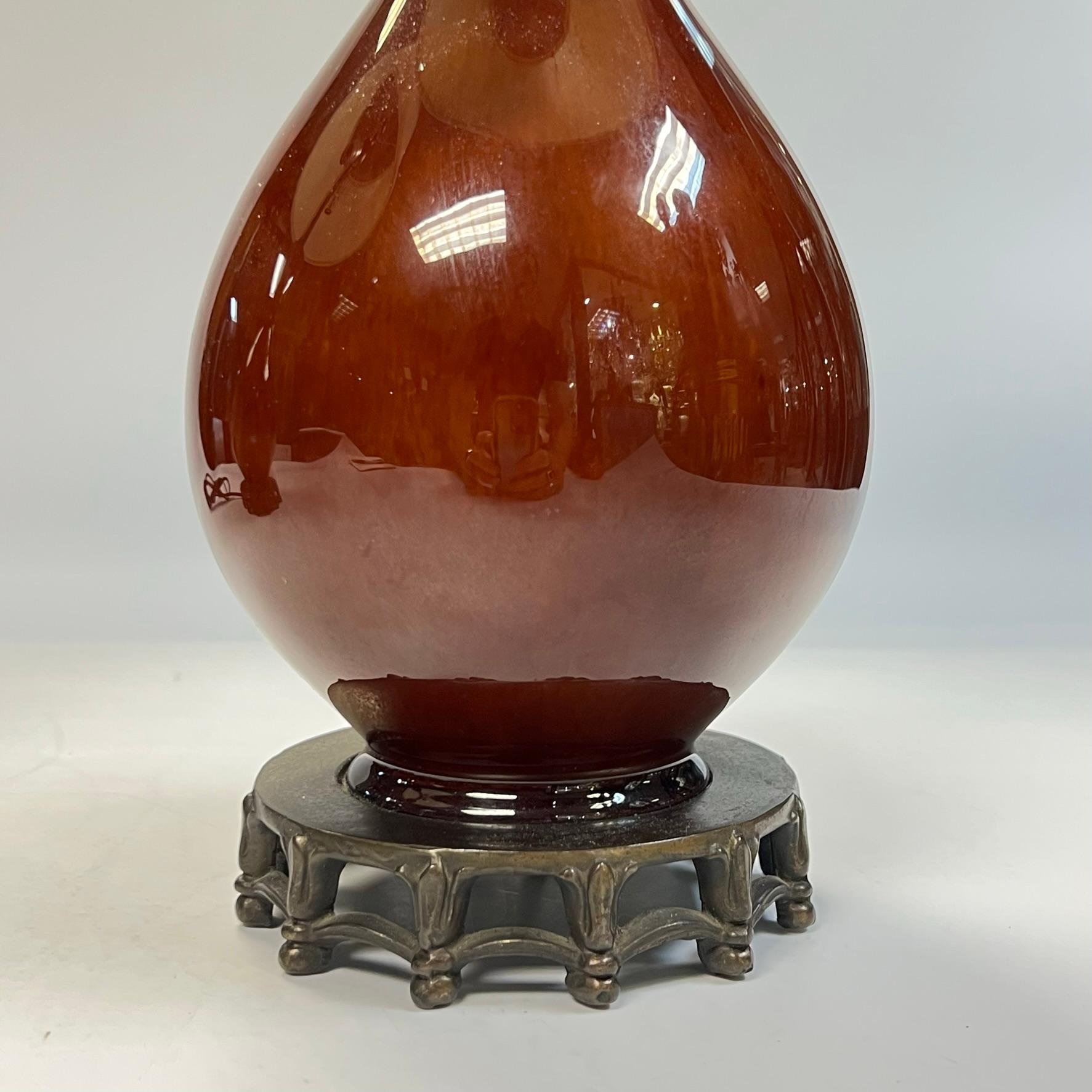 Pair Mid-Century Modern Porcelain Table Lamps with Sang de Boueuf Glaze For Sale 2