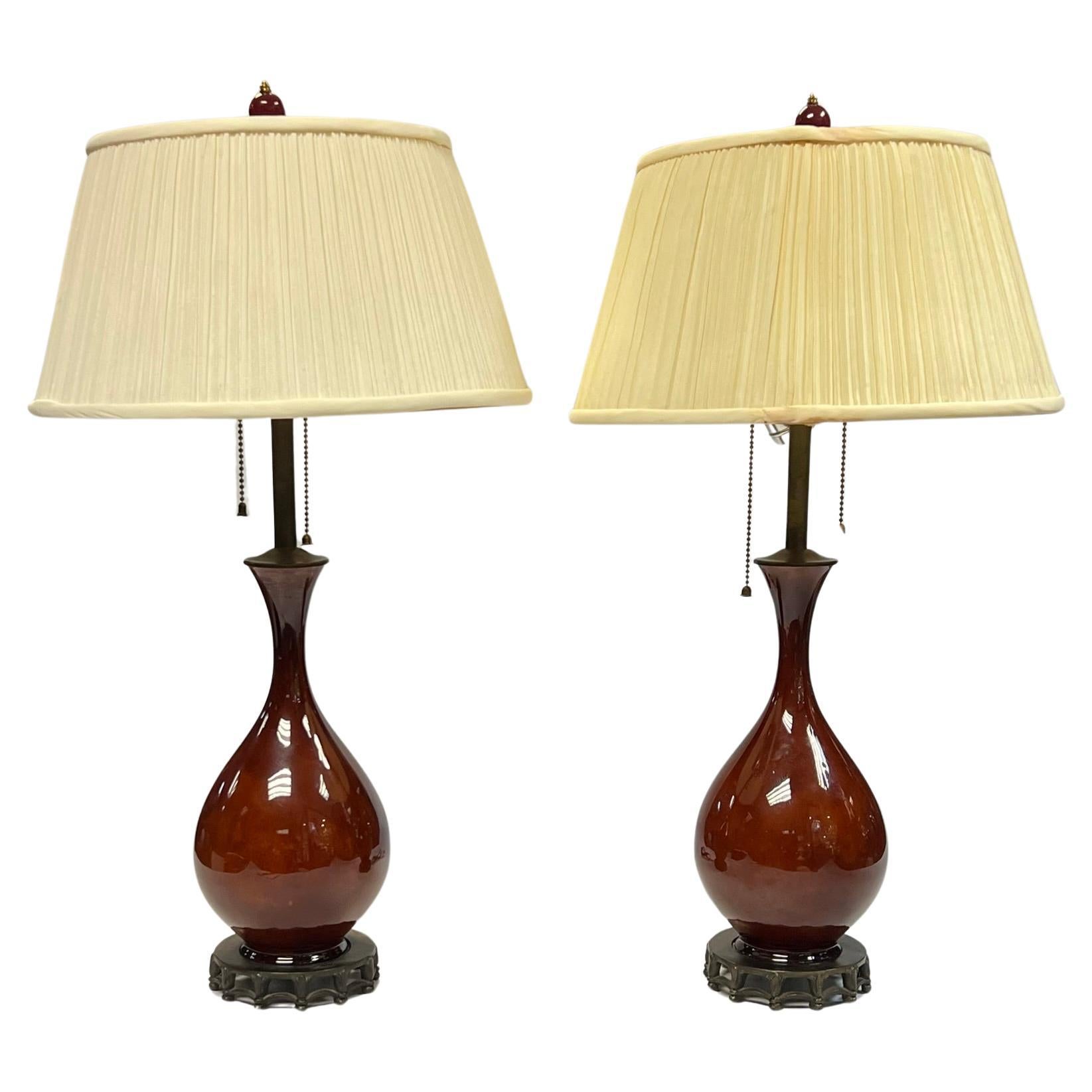 Pair Mid-Century Modern Porcelain Table Lamps with Sang de Boueuf Glaze For Sale