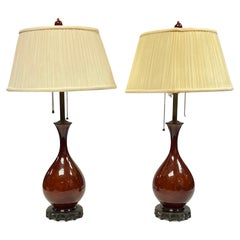 Pair Mid-Century Modern Porcelain Table Lamps with Sang de Boueuf Glaze