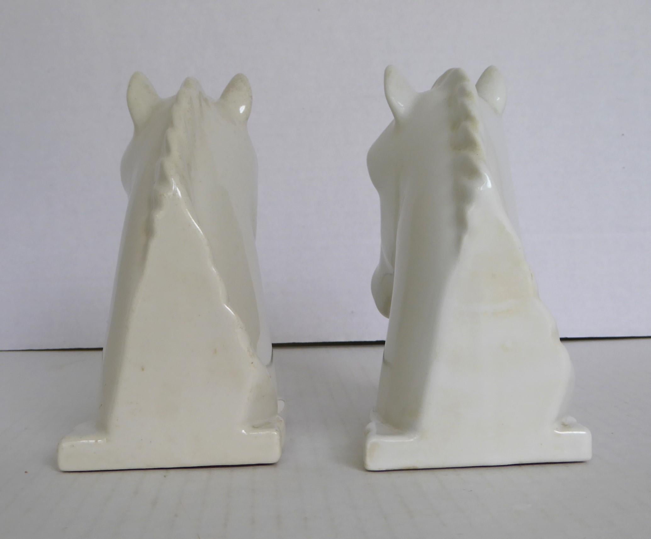 Mid-Century Modern Pair Mid Century Modern Pottery White Horse Head Bookends Abingdon Pottery 1940s For Sale