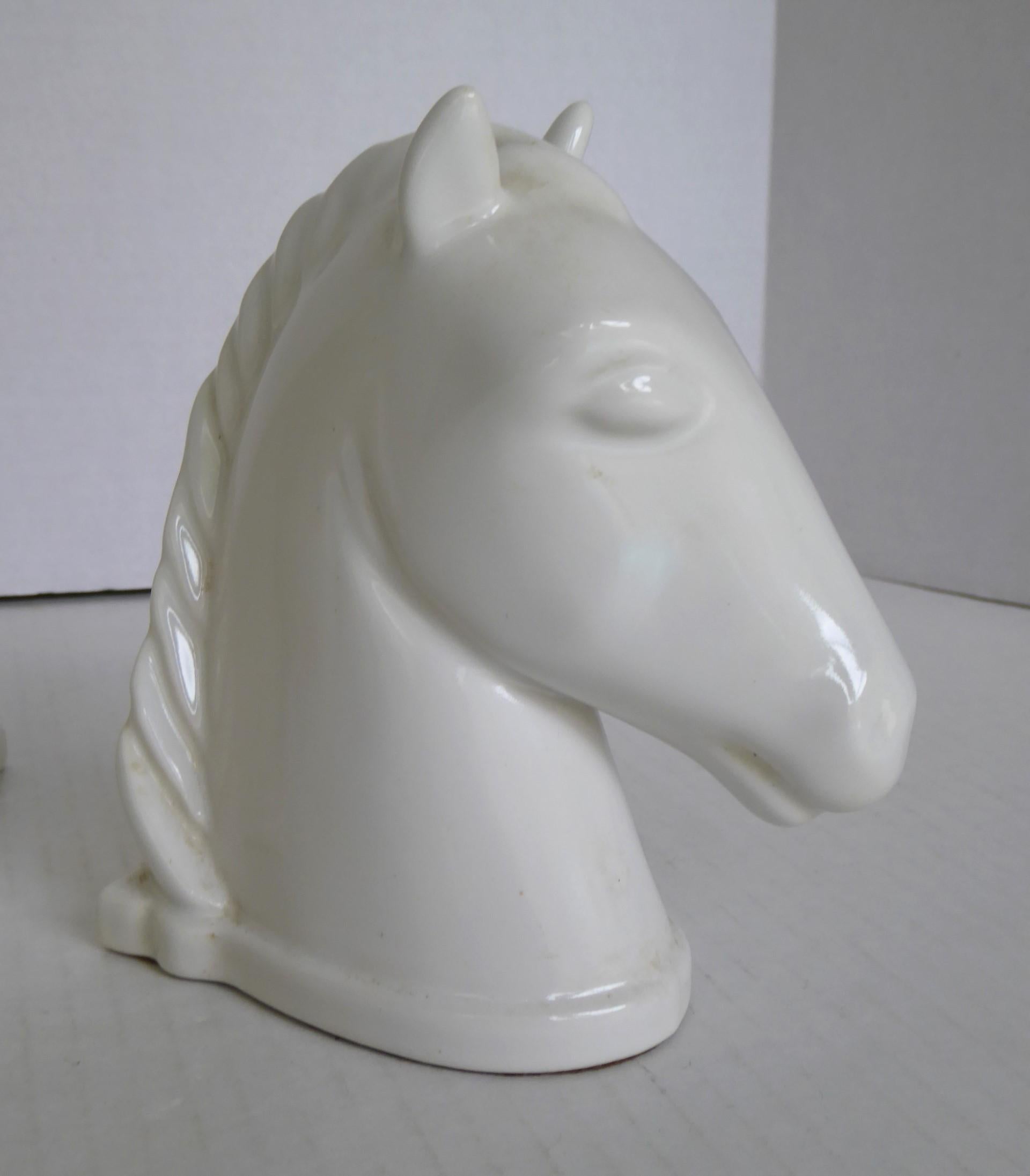 Mid-20th Century Pair Mid Century Modern Pottery White Horse Head Bookends Abingdon Pottery 1940s For Sale