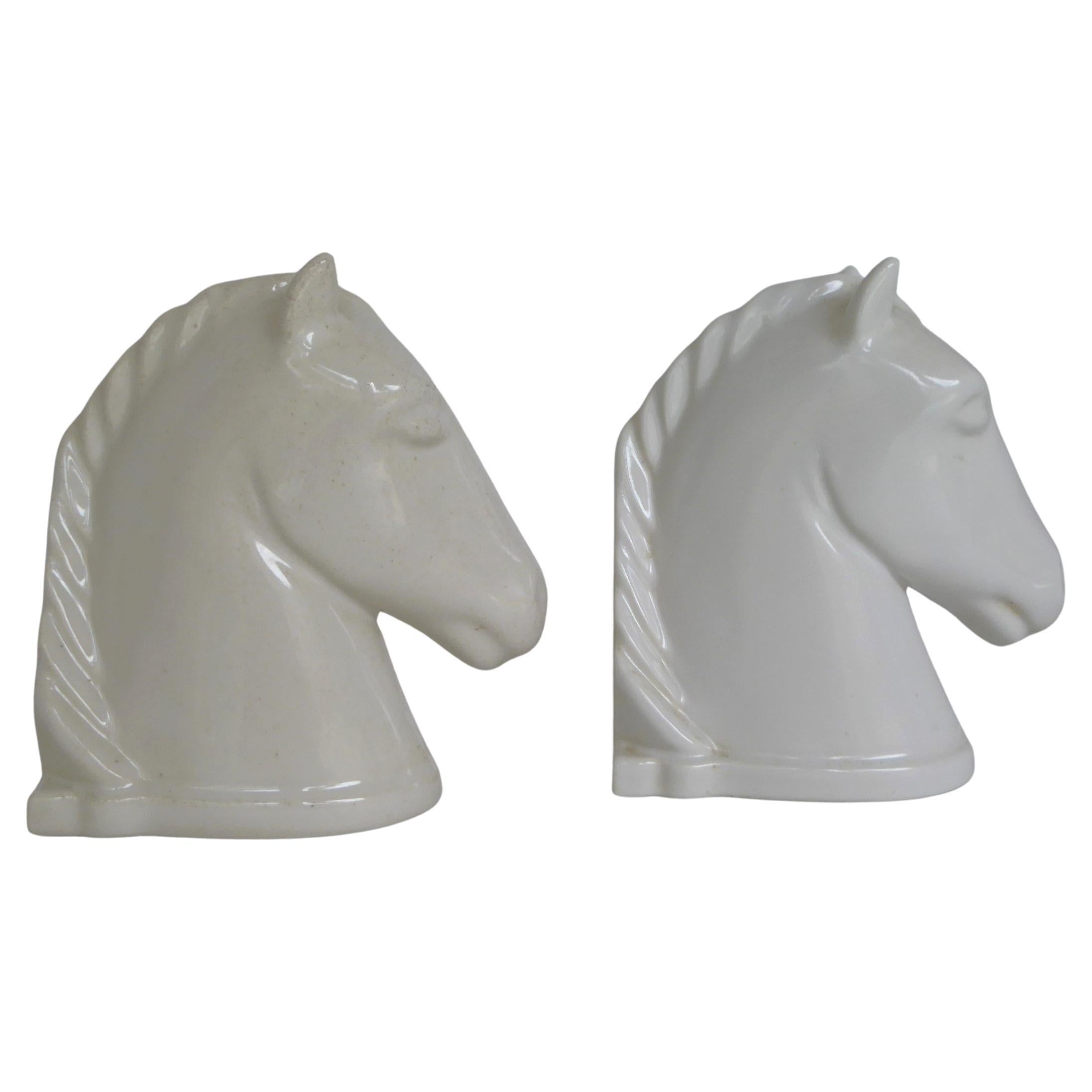 Pair Mid Century Modern Pottery White Horse Head Bookends Abingdon Pottery 1940s For Sale