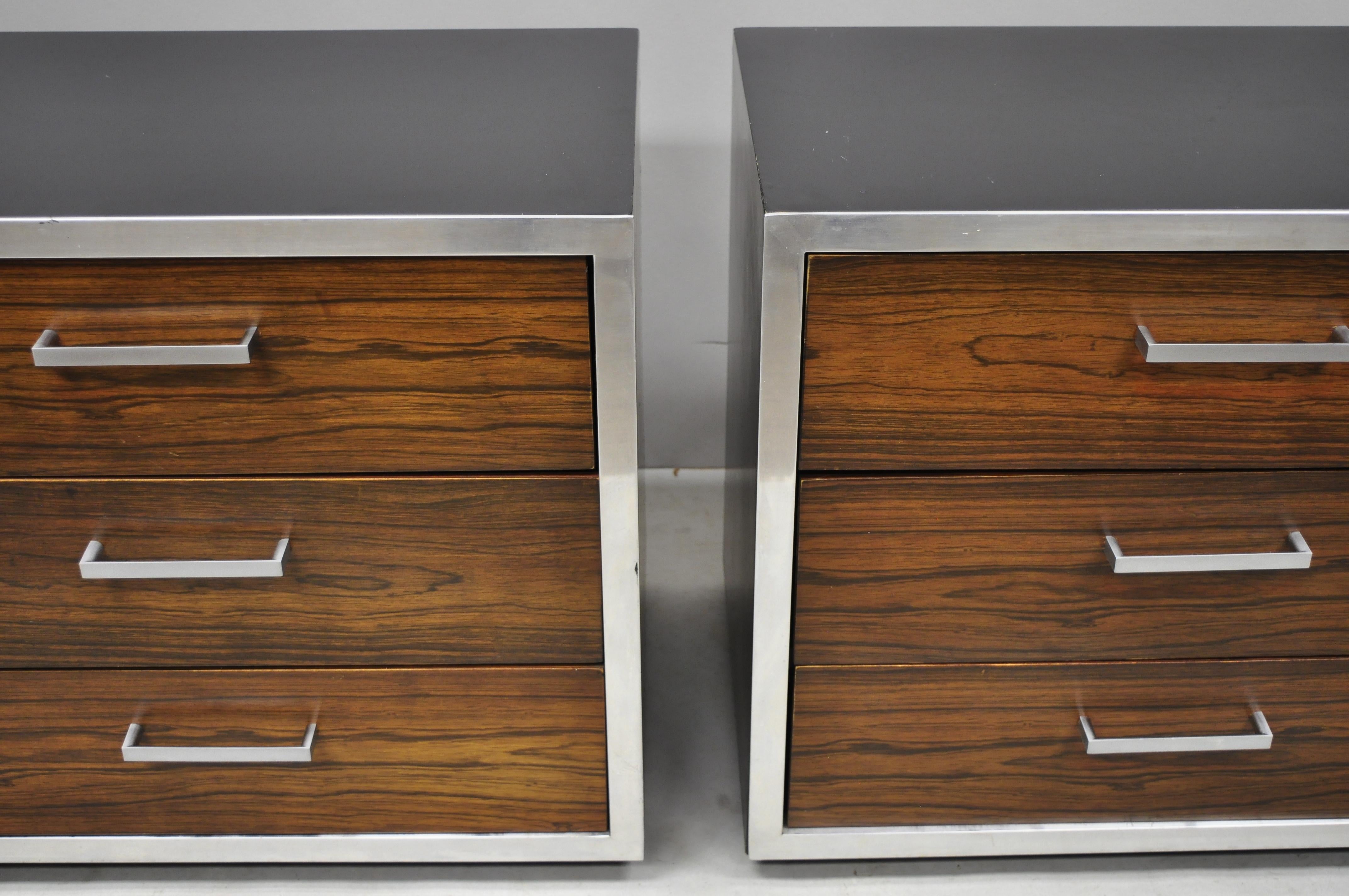 Mid-Century Modern Rosewood Chrome 3-Drawer Nightstands Pair after Milo Baughman 1