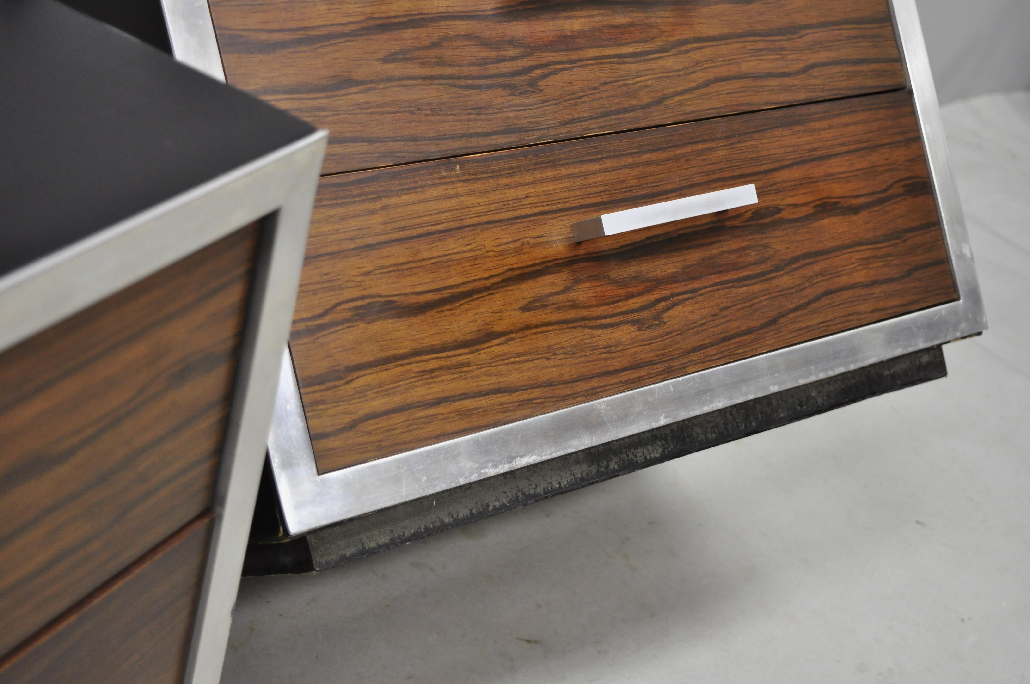 Late 20th Century Mid-Century Modern Rosewood Chrome 3-Drawer Nightstands Pair after Milo Baughman