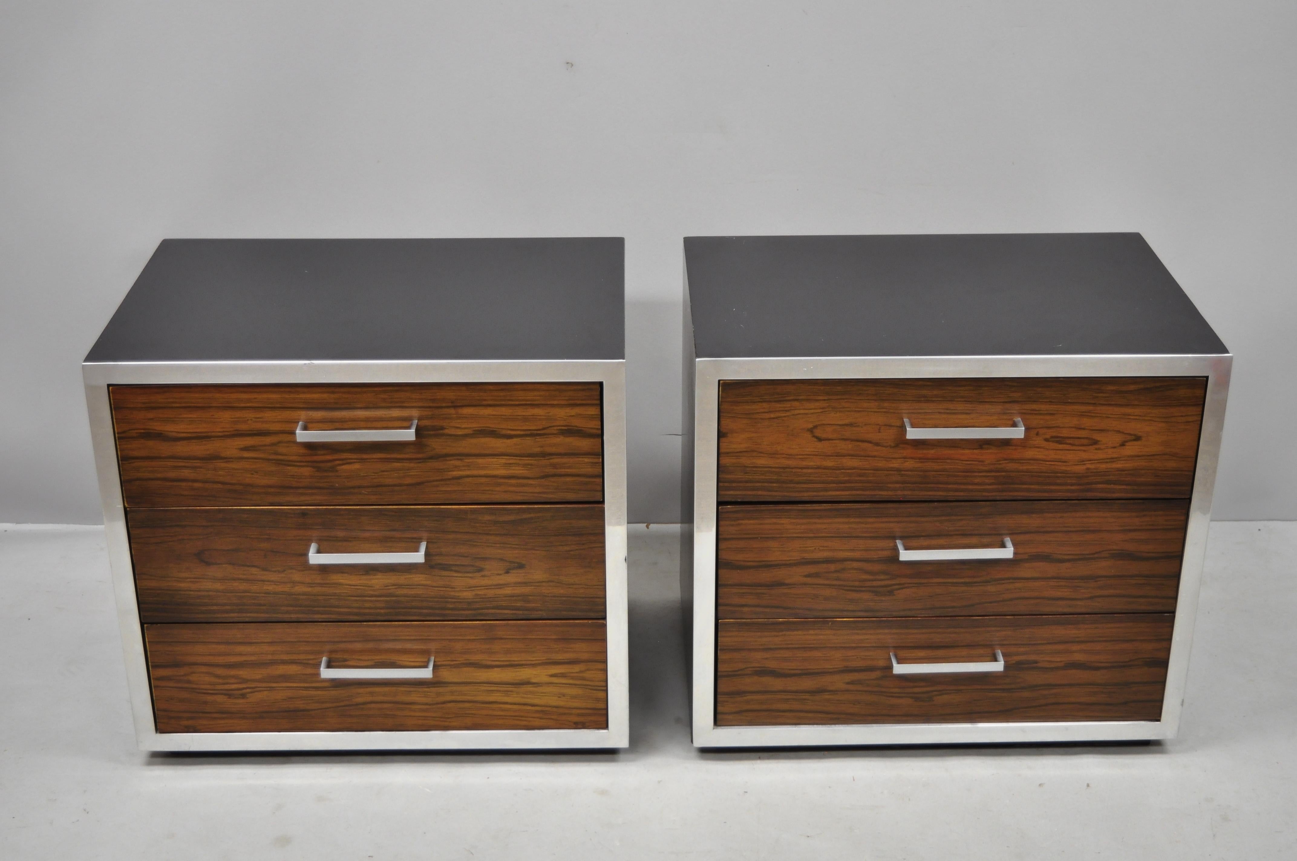 Laminate Mid-Century Modern Rosewood Chrome 3-Drawer Nightstands Pair after Milo Baughman