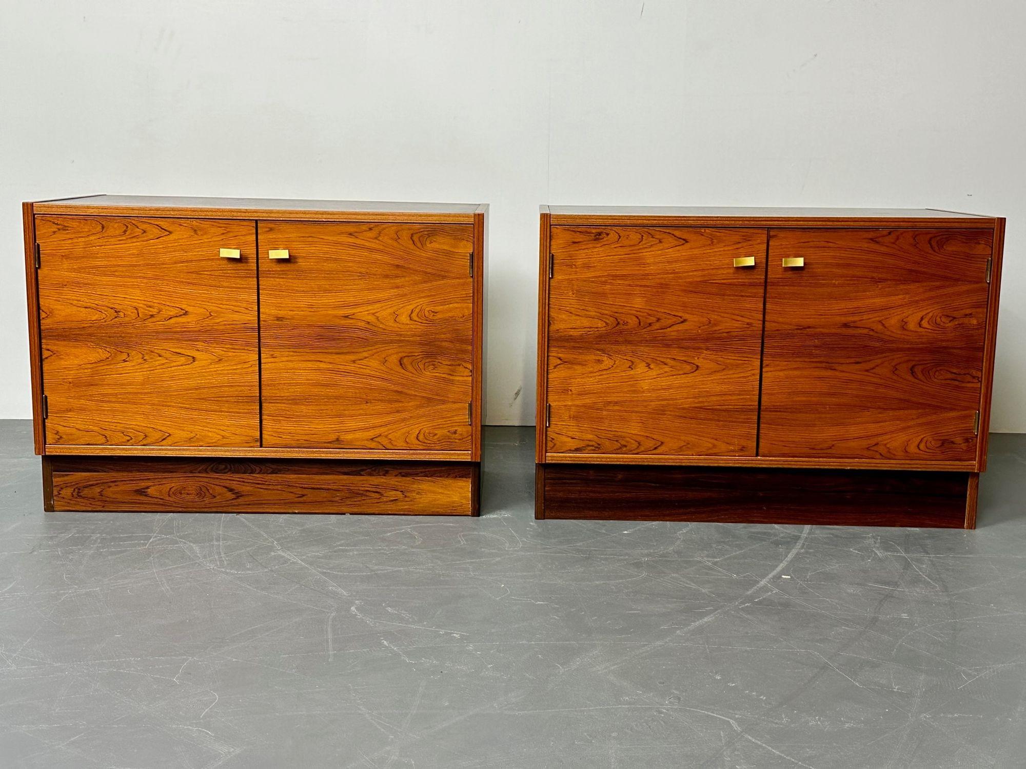 Pair Mid-Century Modern Rosewood Nightstands / Cabinets, Chests Brass Pulls In Good Condition In Stamford, CT