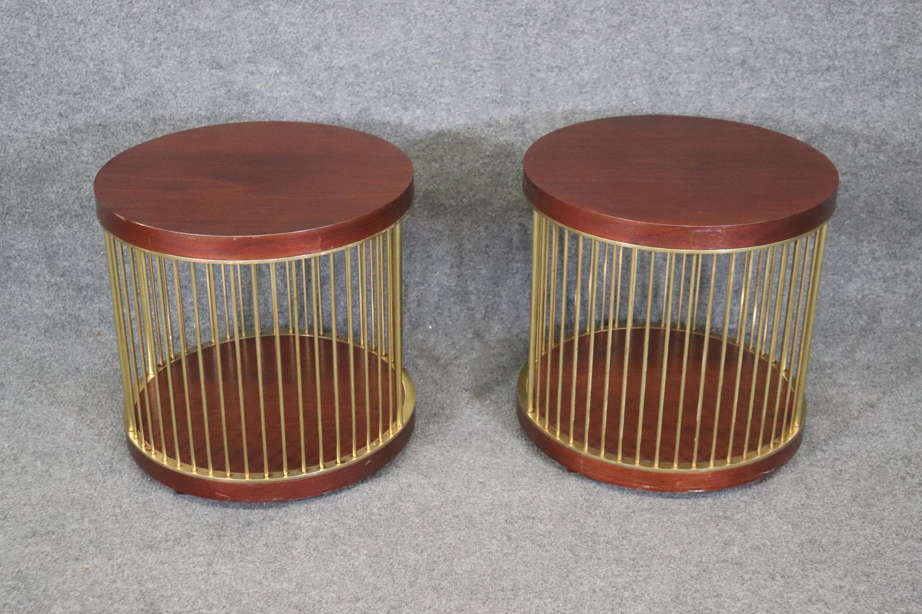 Mid-Century Modern Pair Mid Century Modern Round Mahogany and Brass Paul McCobb Style End Tables 