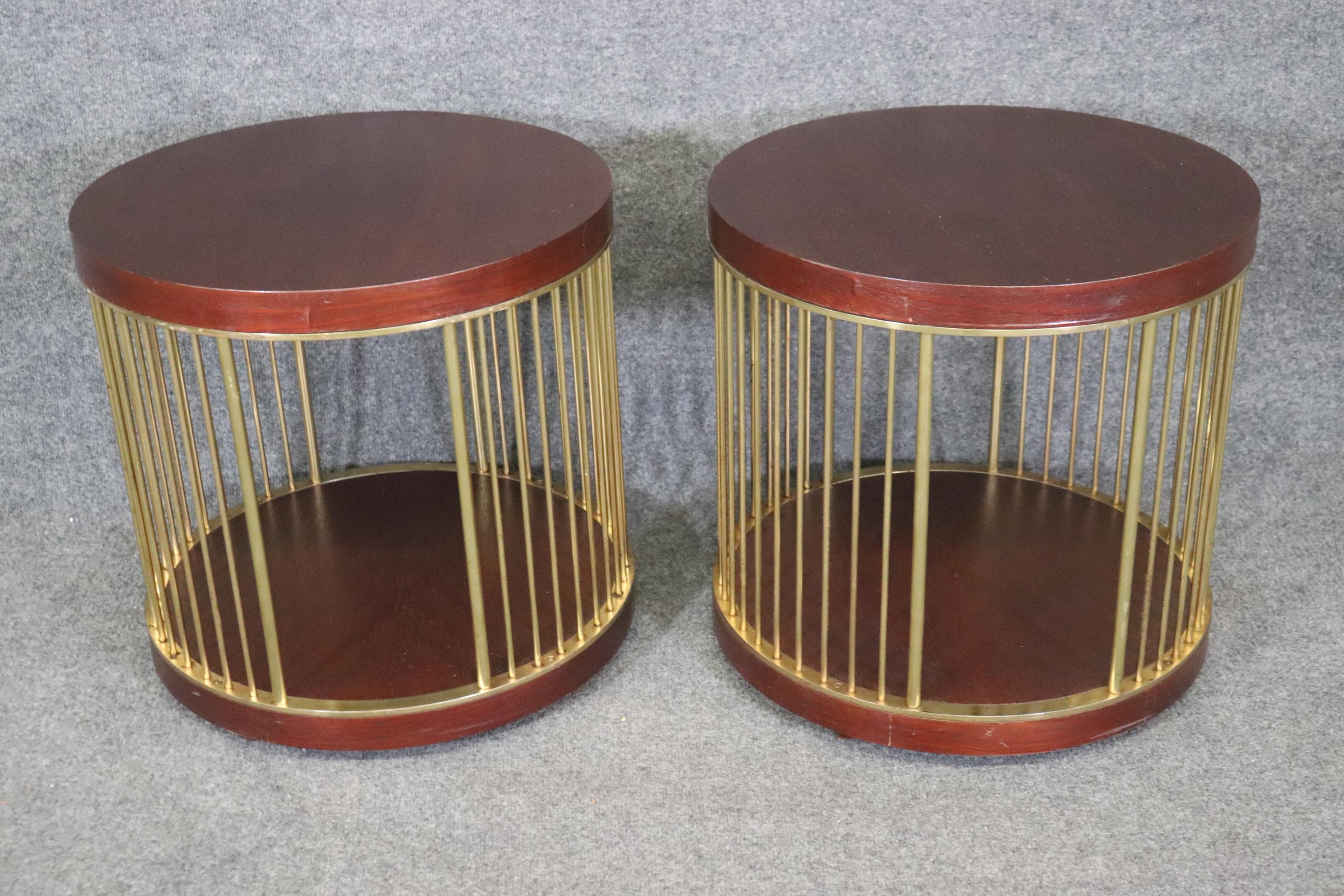 Unknown Pair Mid Century Modern Round Mahogany and Brass Paul McCobb Style End Tables 