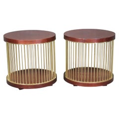 Pair Mid Century Modern Round Mahogany and Brass Paul McCobb Style End Tables