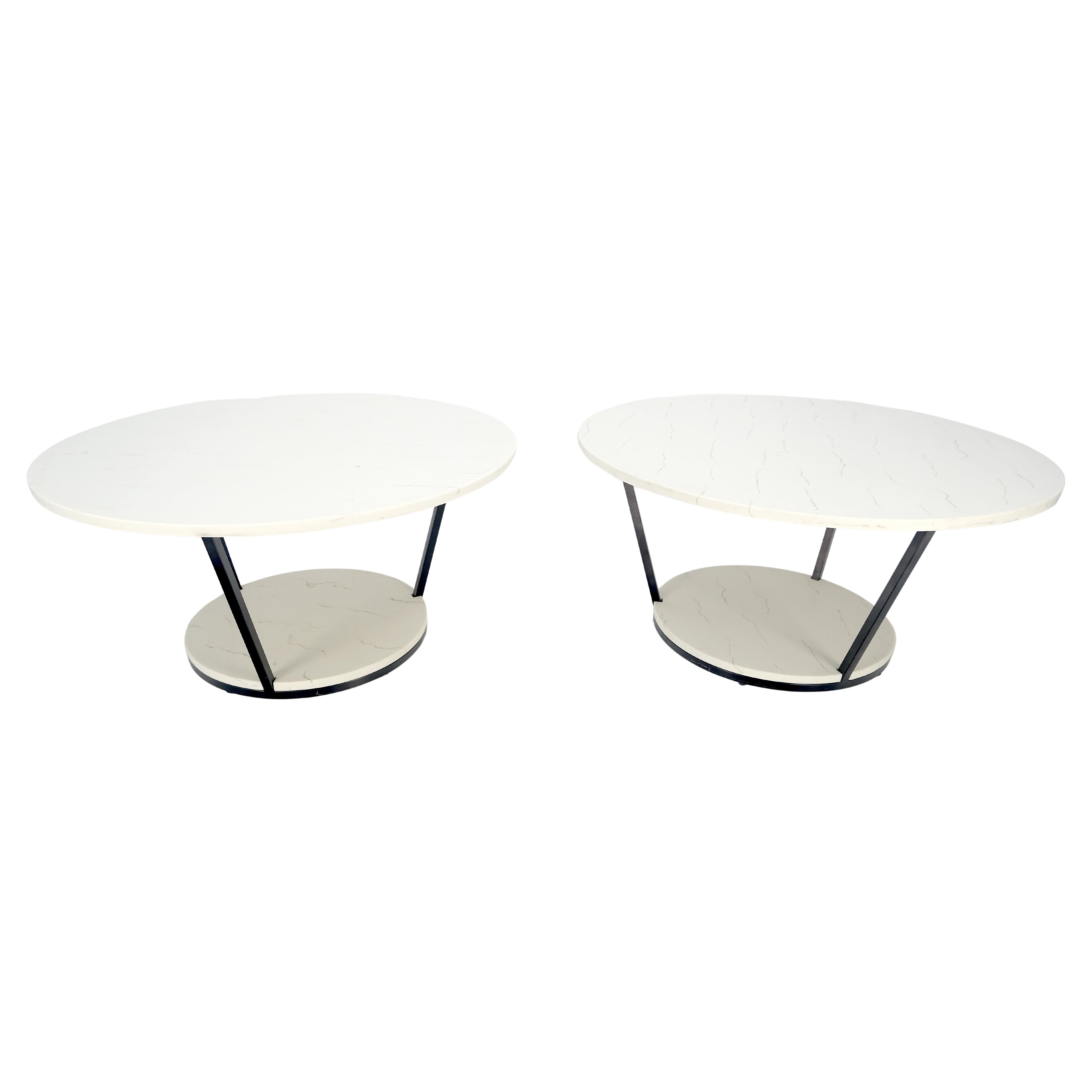 Pair Mid Century Modern  Round Marble Top Large 35" Diameter Side End Tables For Sale