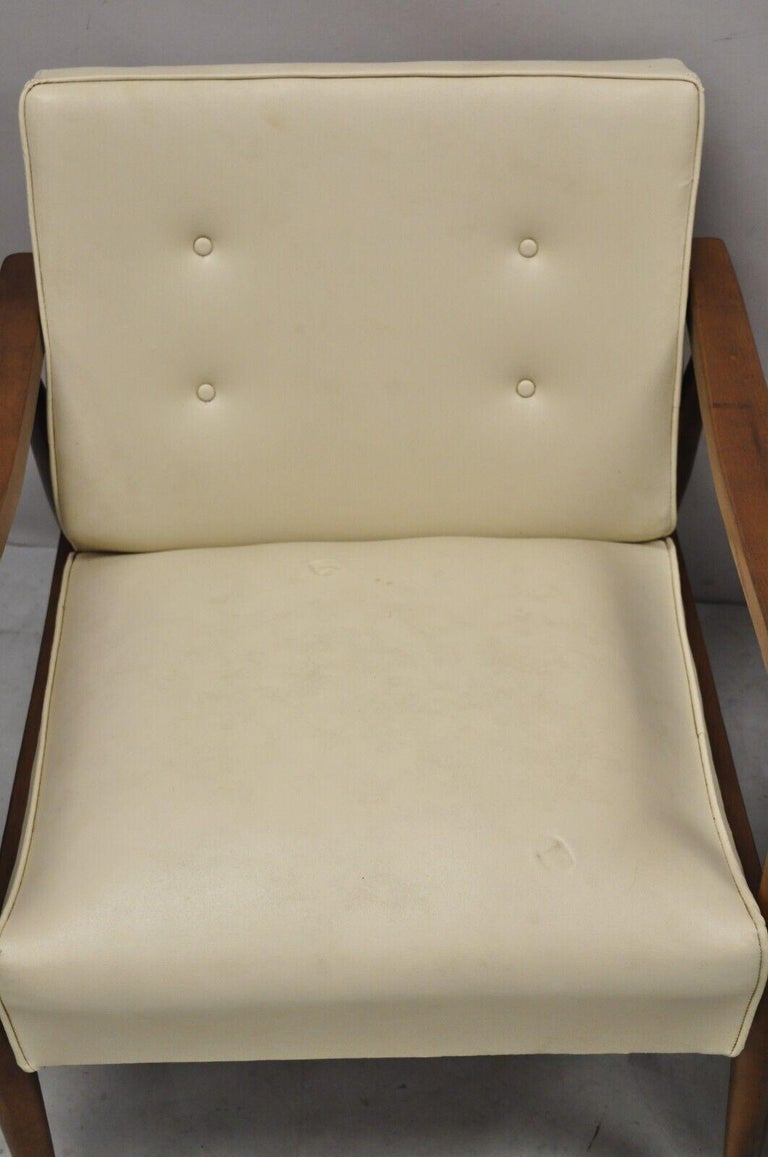 Pair MidCentury Modern Sculpted Walnut Beige Vinyl Lounge Chairs Les