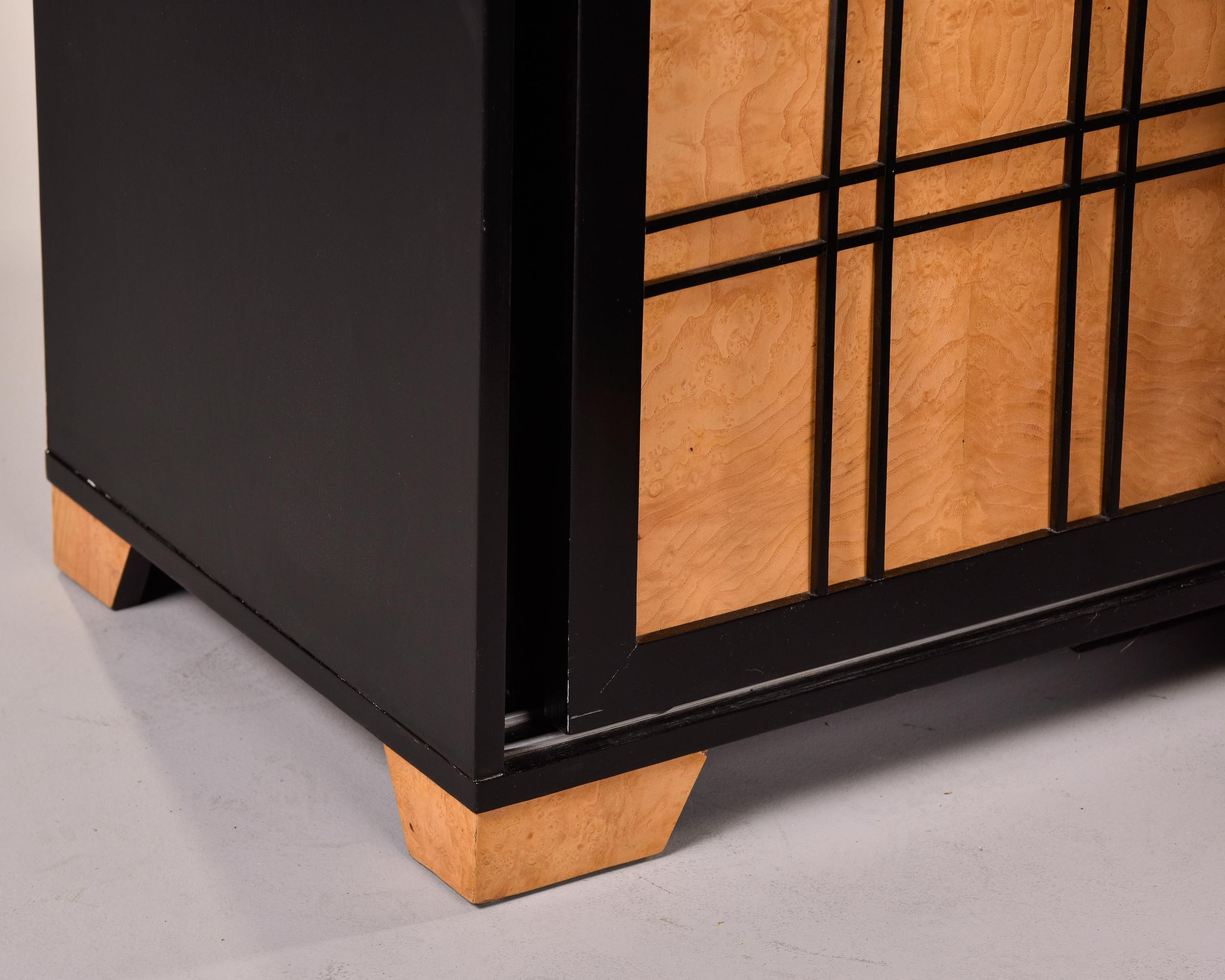 Pair Mid-Century Modern Side Cabinets with Ebonised Frames & Curly Maple Doors 4