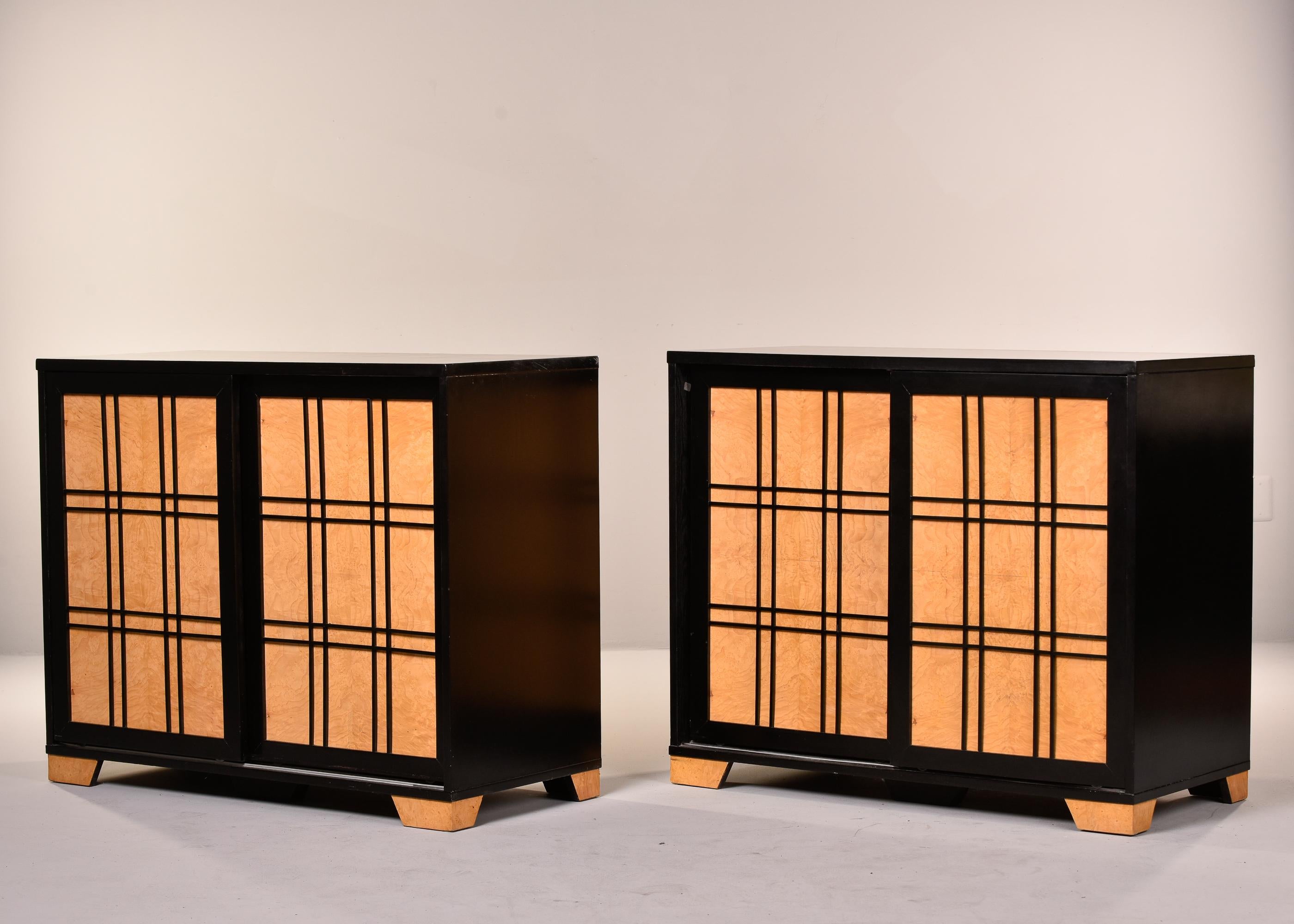 French Pair Mid-Century Modern Side Cabinets with Ebonised Frames & Curly Maple Doors