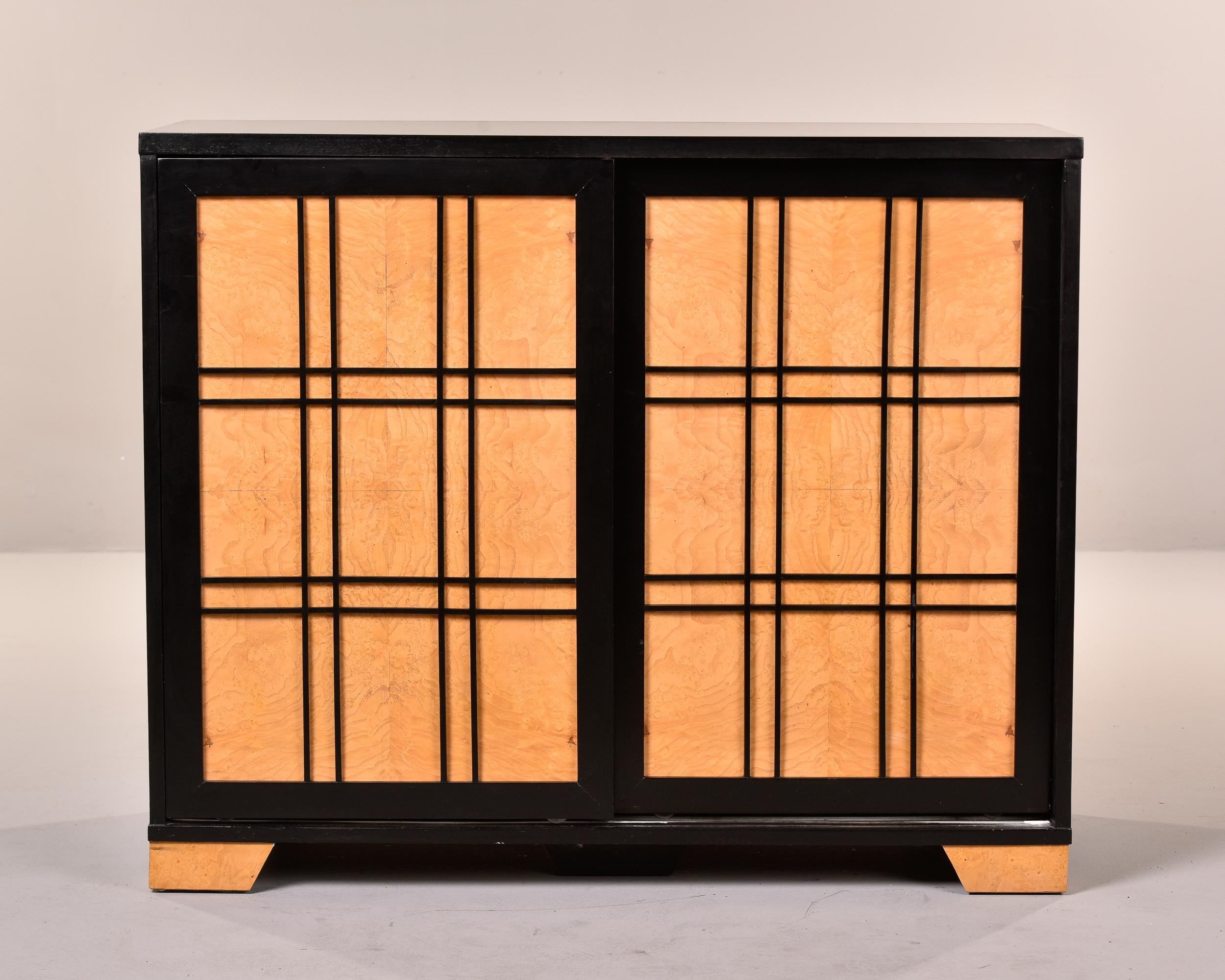 Ebonized Pair Mid-Century Modern Side Cabinets with Ebonised Frames & Curly Maple Doors