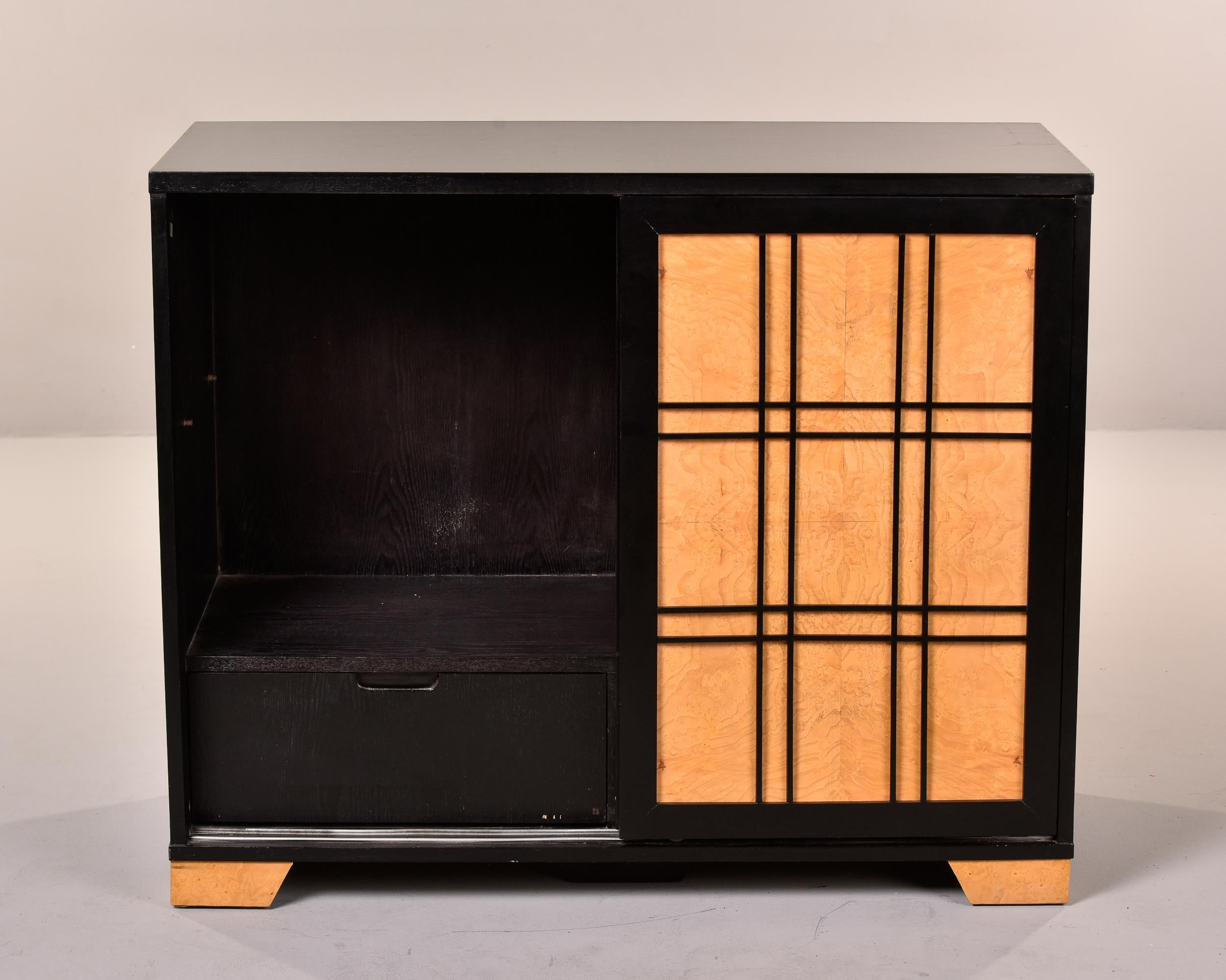 20th Century Pair Mid-Century Modern Side Cabinets with Ebonised Frames & Curly Maple Doors