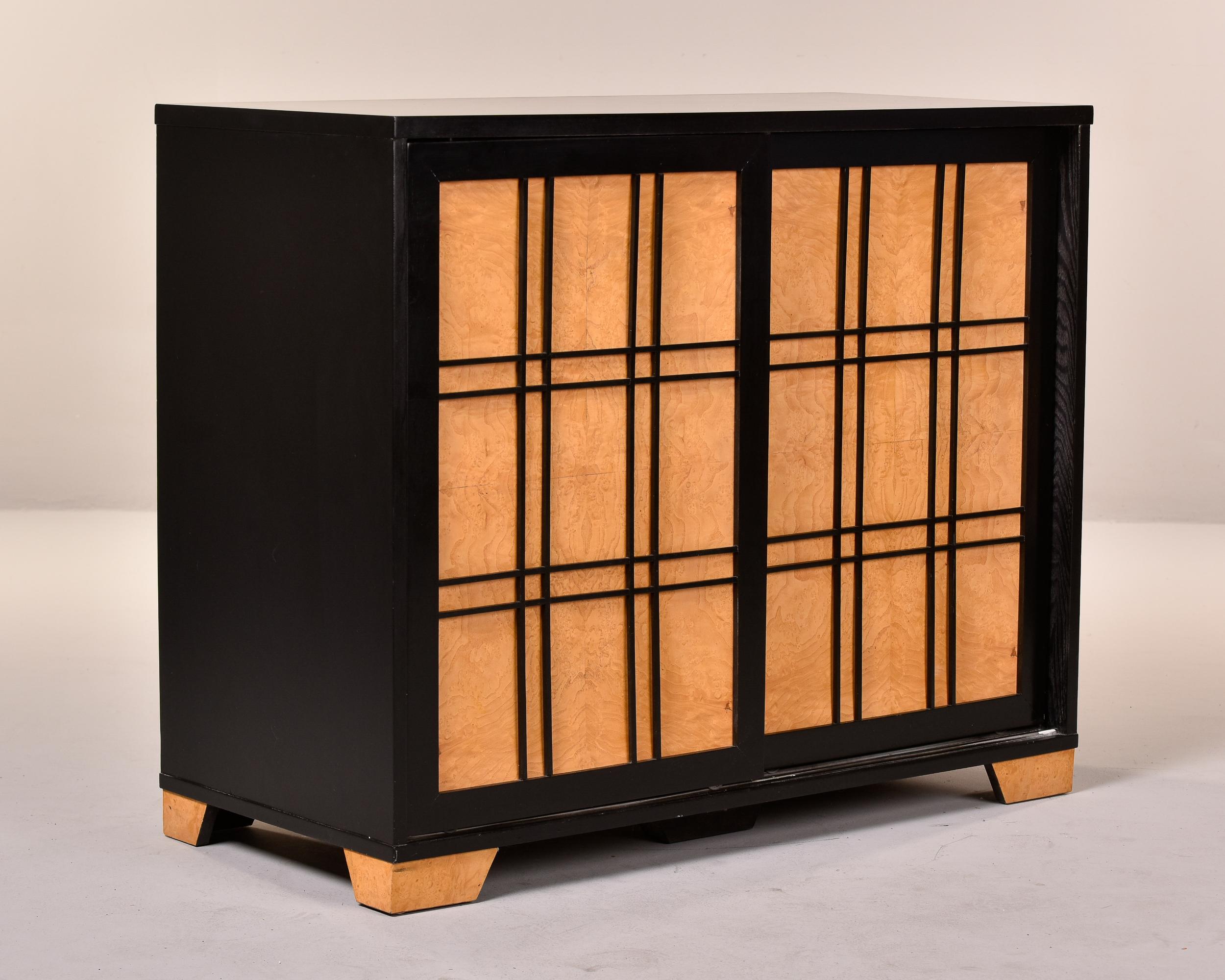 Pair Mid-Century Modern Side Cabinets with Ebonised Frames & Curly Maple Doors 1