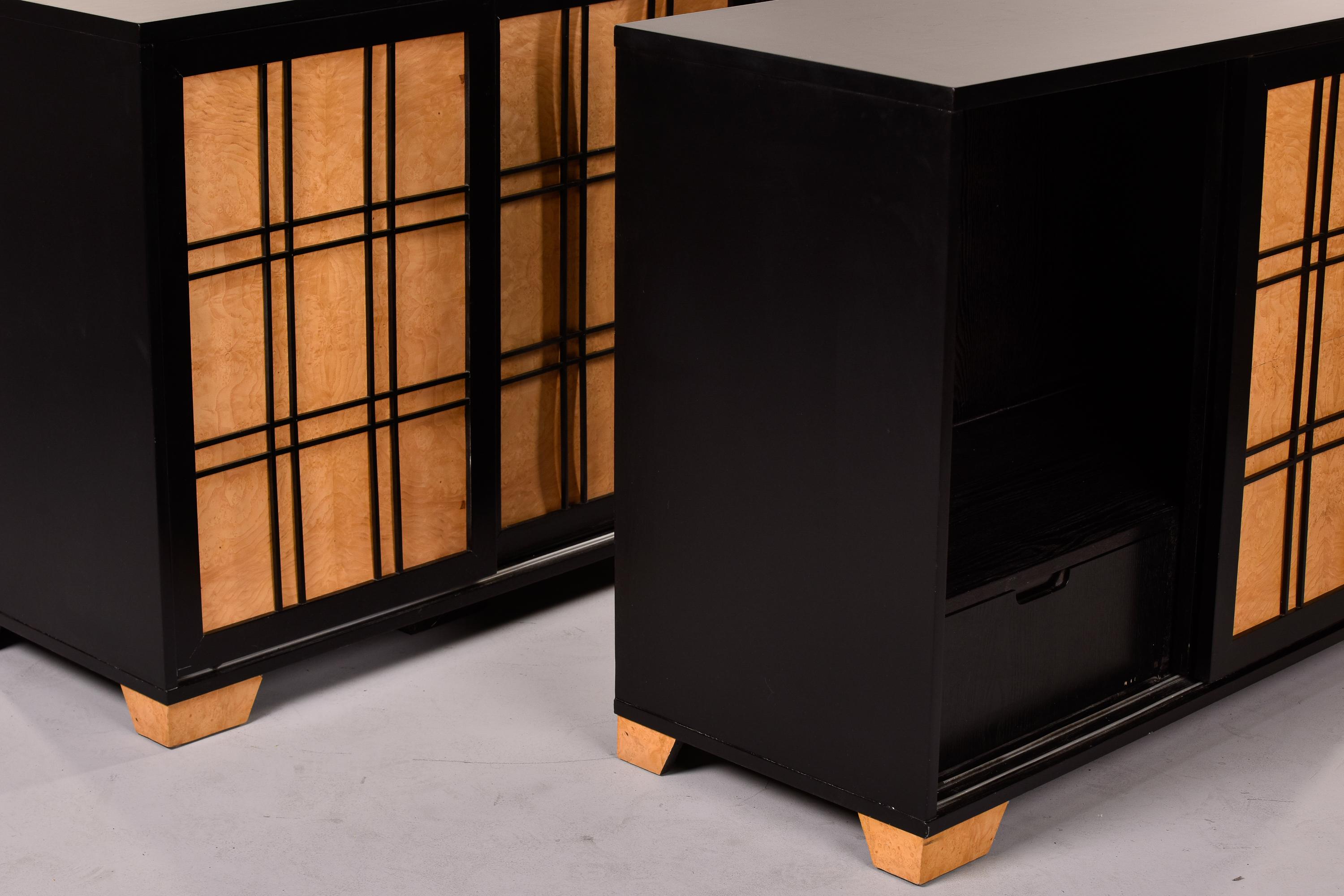 Pair Mid-Century Modern Side Cabinets with Ebonised Frames & Curly Maple Doors 2
