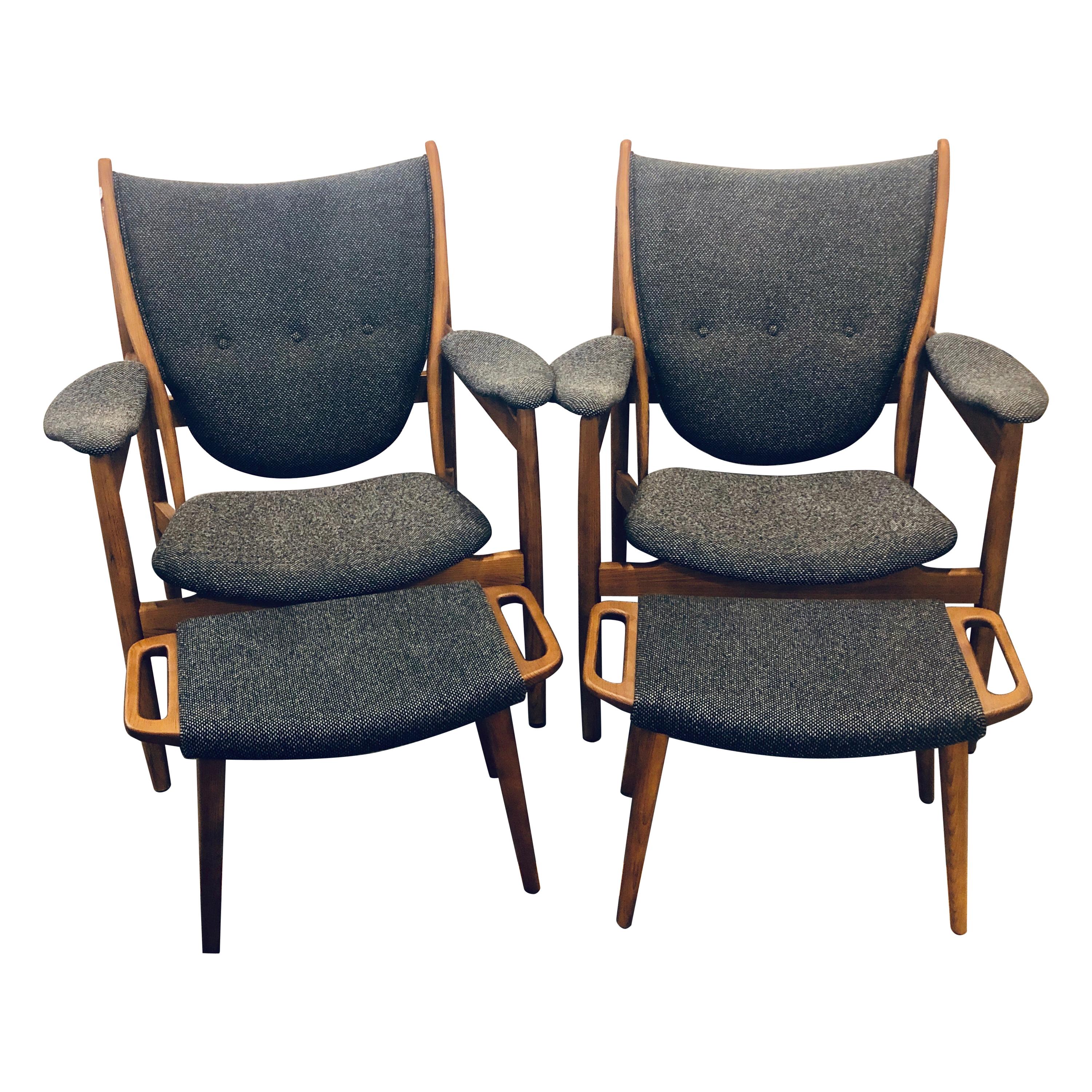 Pair of Mid-Century Modern Arm Chairs with Ottomans