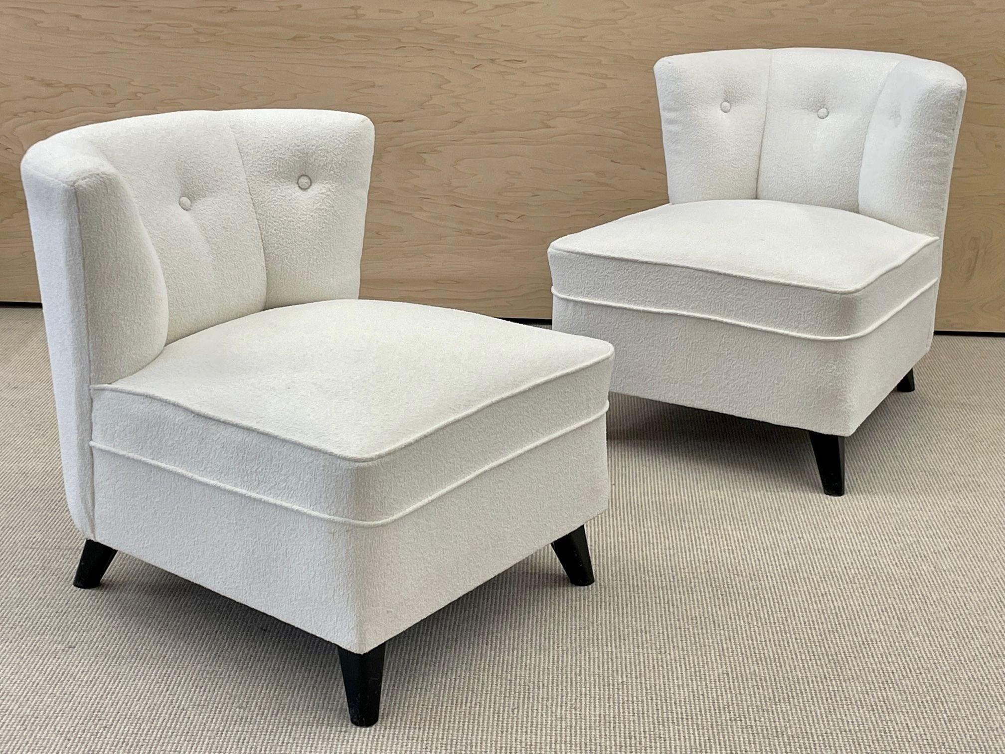 Paar Mid-Century Modern Slipper/Lounge Chairs, Amerikanisch, Bouclé, Paar Low Profie im Zustand „Gut“ im Angebot in Stamford, CT