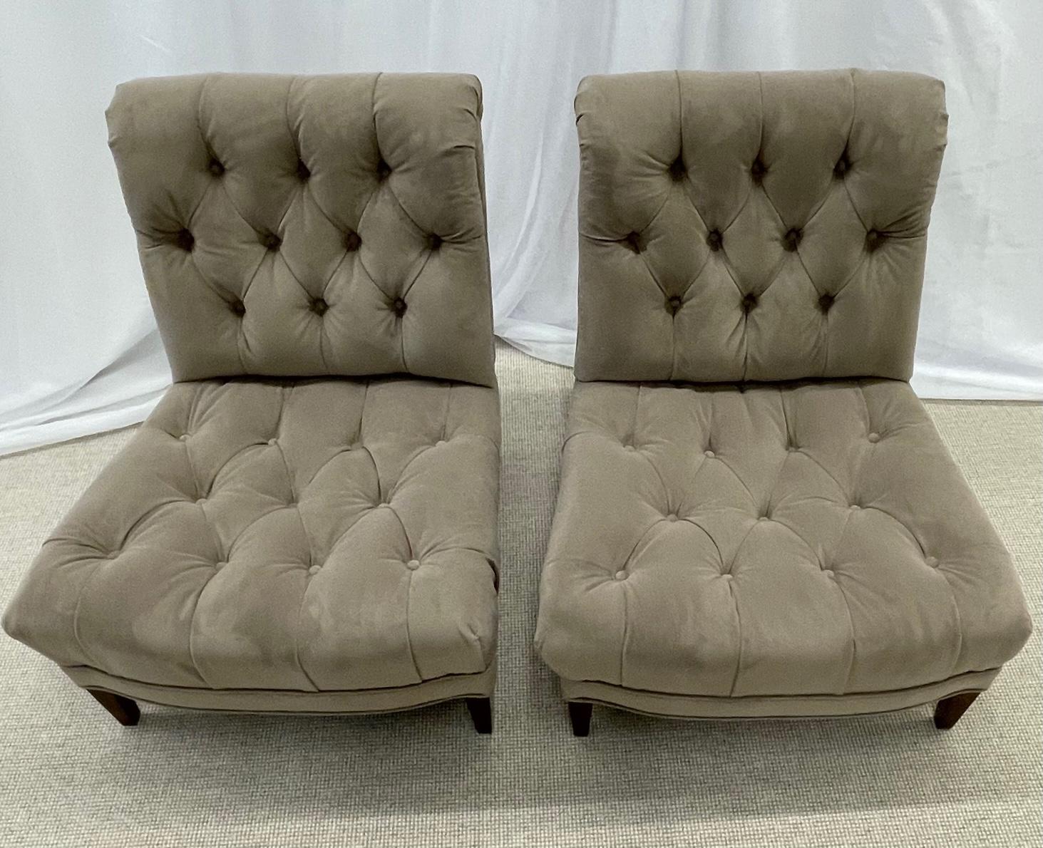 Pair Mid-Century Modern Slipper/Lounge Chairs, American Designer, Tufted, Suede. Each mid century modern chair is strong and sturdy with wide seats and backrests. The whole having brand new suede upholstery with new under cloth. Seat height is 16