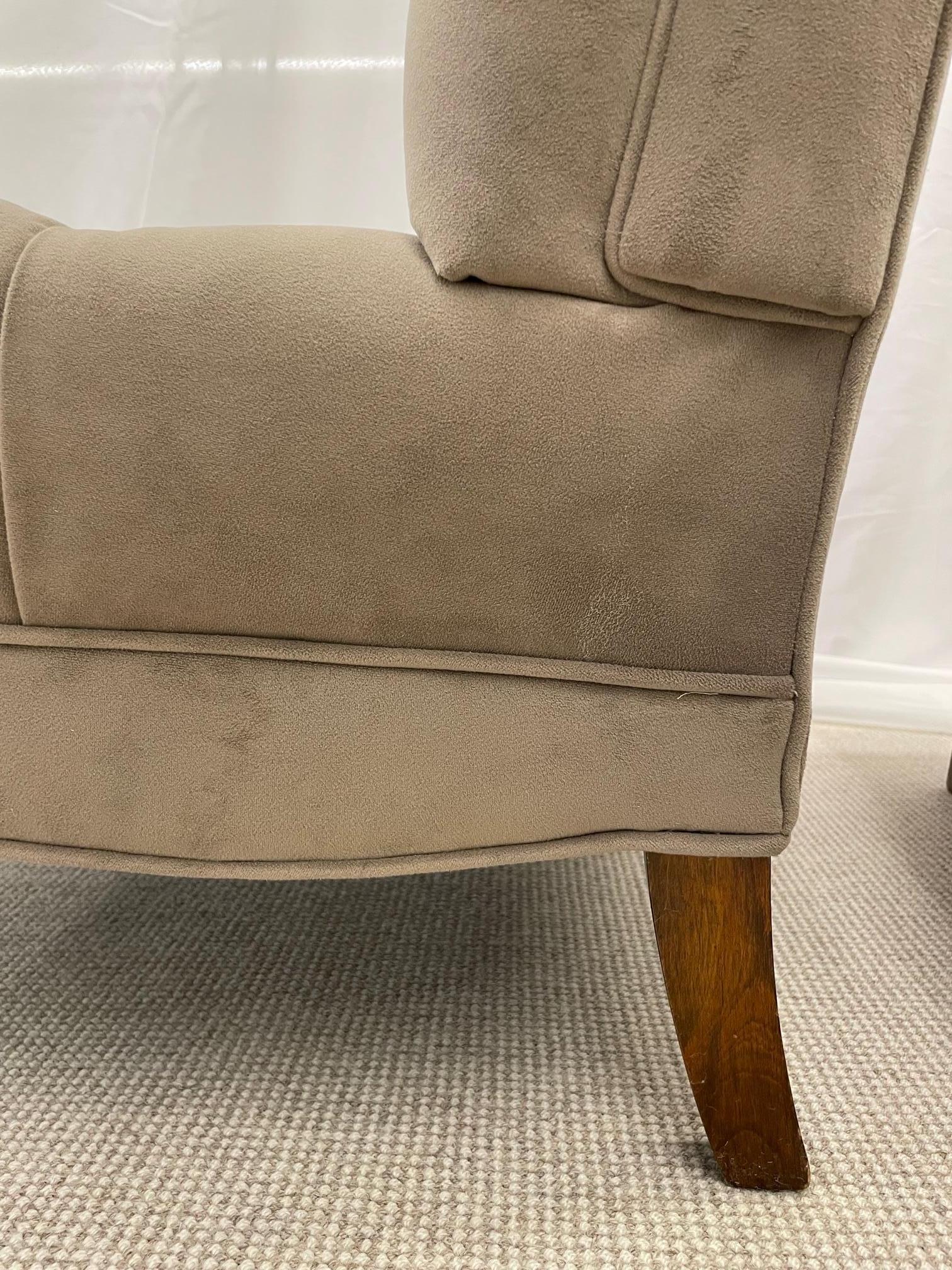 Pair Mid-Century Modern Slipper/Lounge Chairs, American Designer, Tufted, Suede For Sale 2