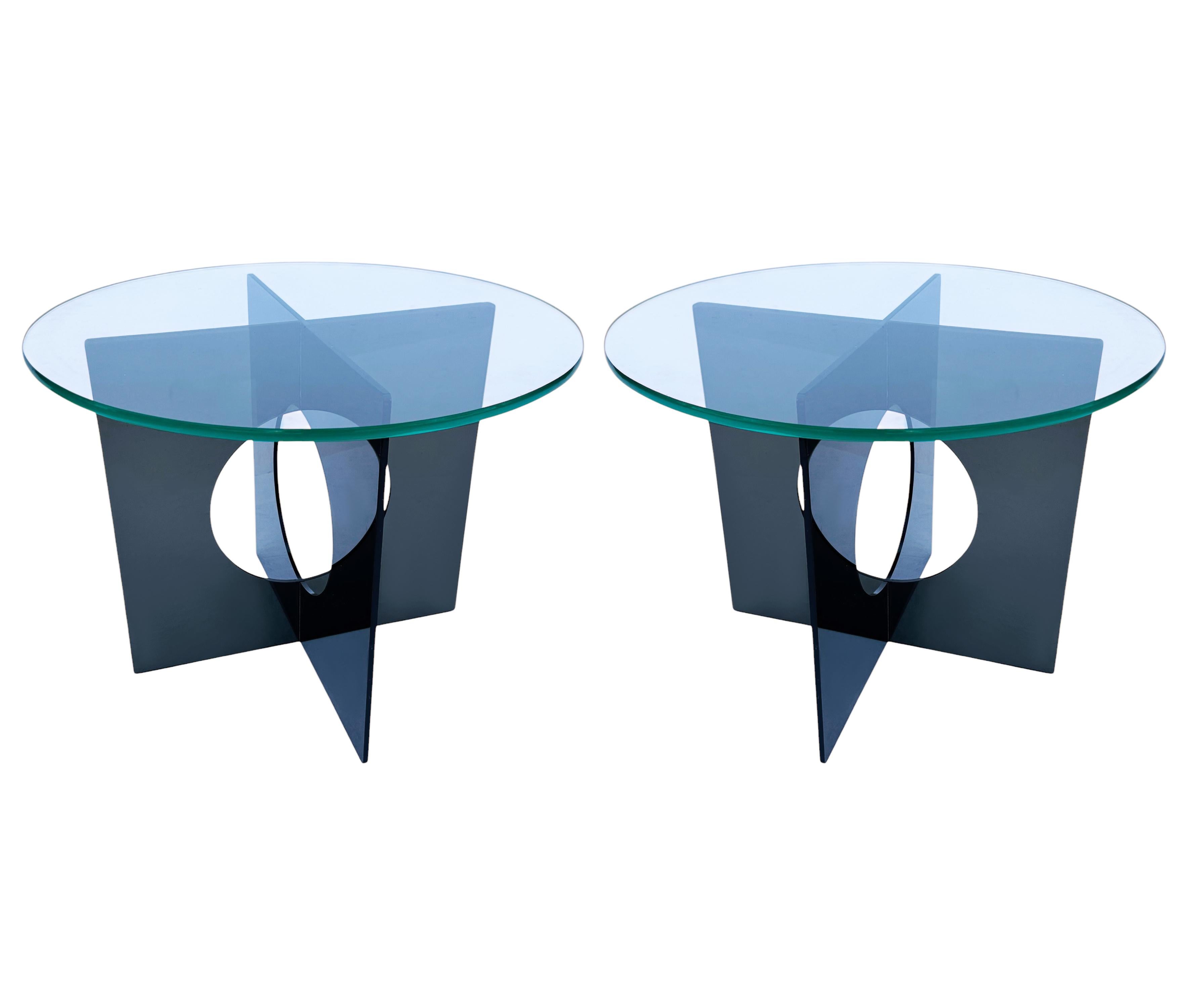 Late 20th Century Pair Mid-Century Modern Smoked Acrylic Lucite and Glass Side or End Tables