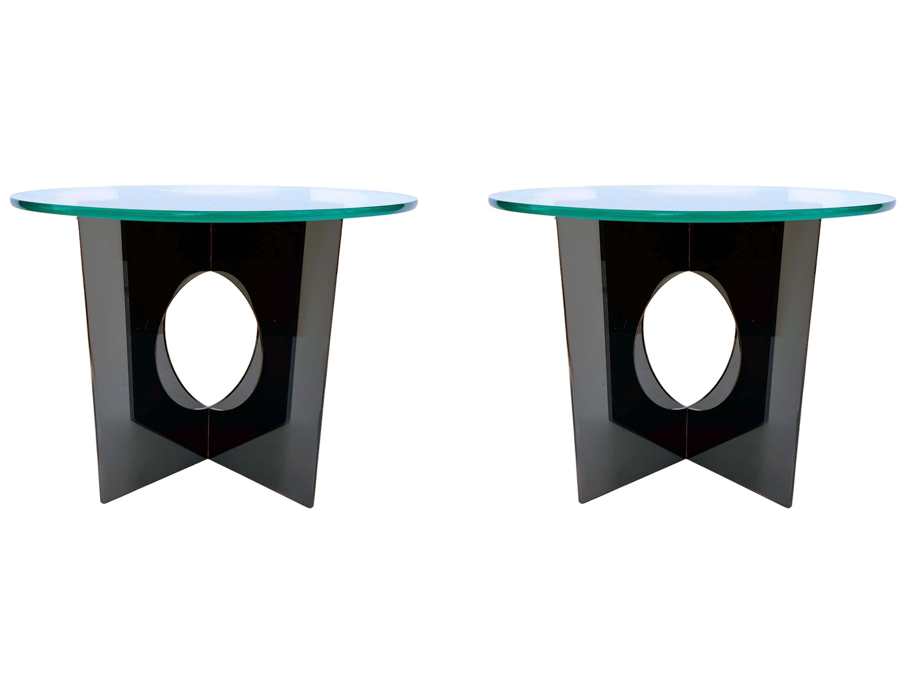 Pair Mid-Century Modern Smoked Acrylic Lucite and Glass Side or End Tables 1