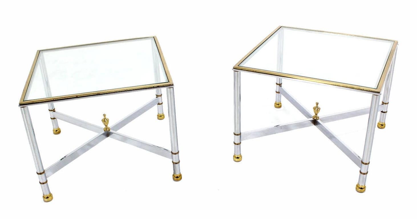 Pair Mid Century Modern Square Chrome  X Base End  Side Coffee Tables Stands  For Sale 1